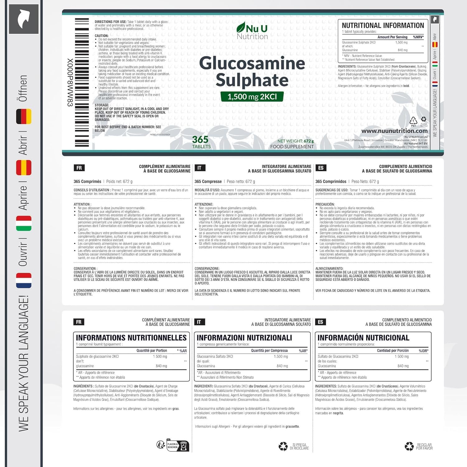 Glucosamine 1500 mg 2KCl - 365 Comprimés pour 1 An - Haute Puissance - Complément Alimentaire de Nu U Nutrition