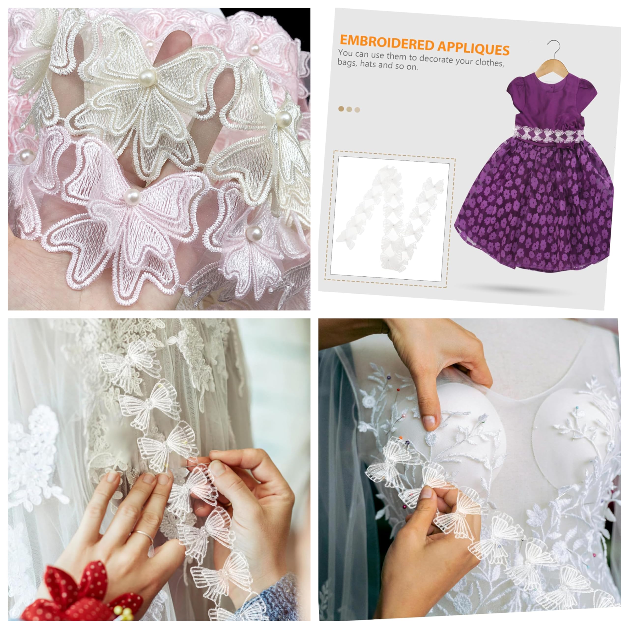 Cinta de encaje 3D con diseño de lazos, flores y mariposas, cinta de encaje para boda, costura, mantel, cortina, 7 cm de ancho, color blanco, 15 yardas