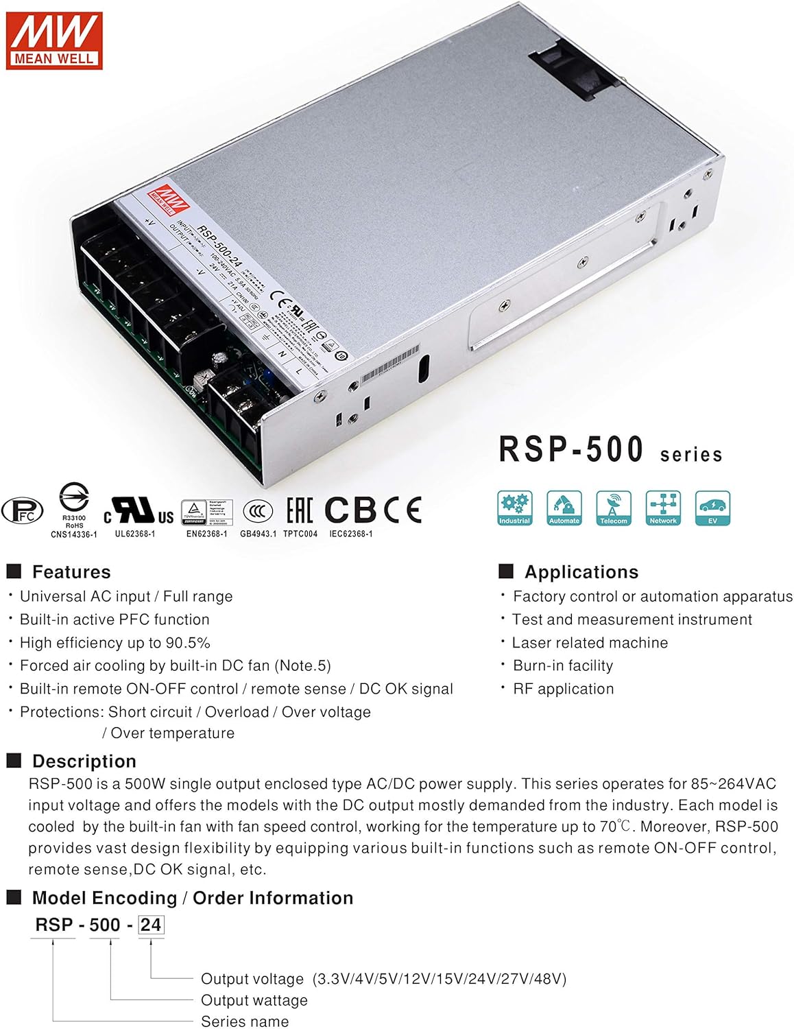 MEAN WELL RSP-500-12 DC 500W/12V/42A