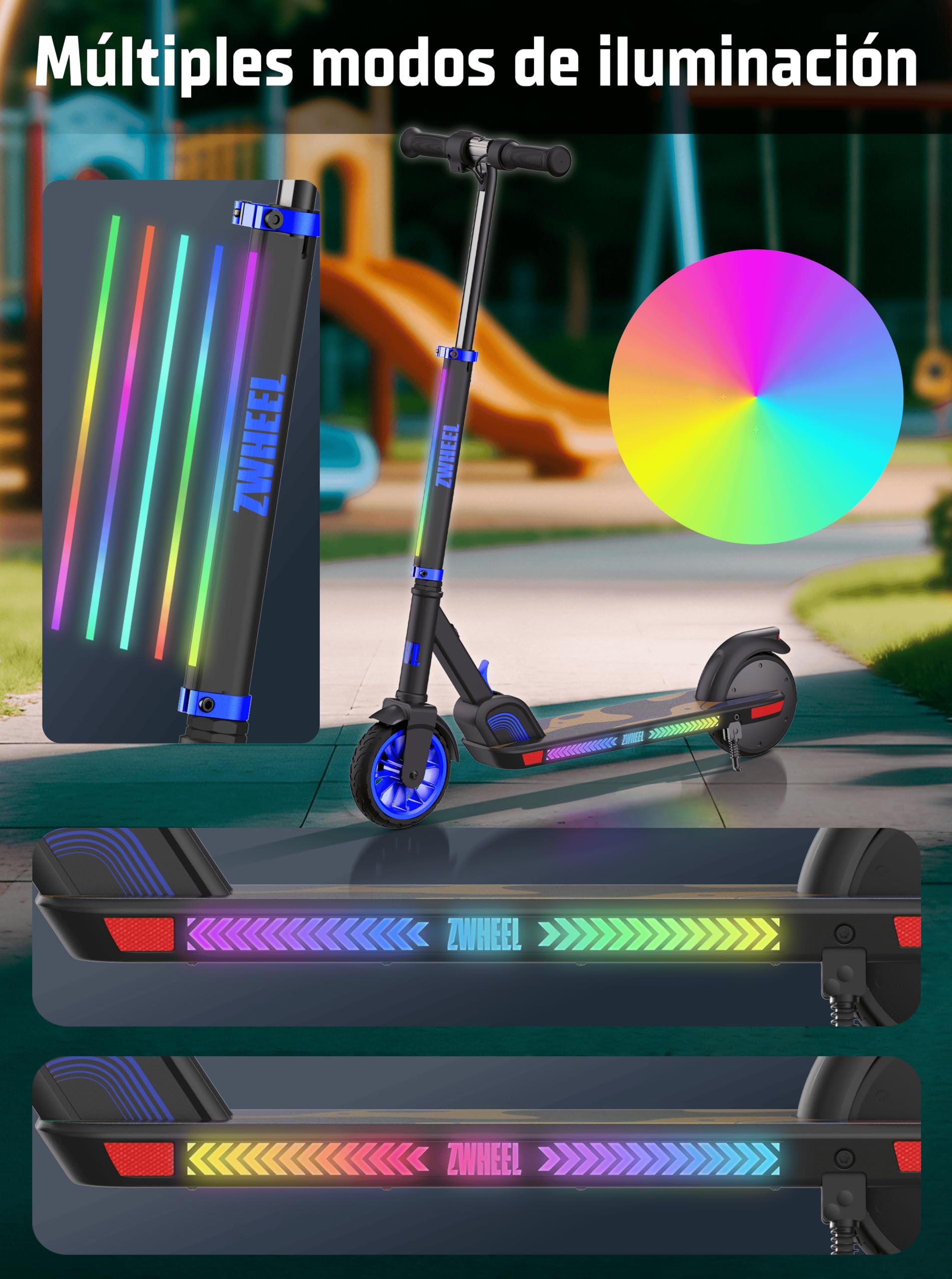 ZWHEEL ZTOY SUPERKID | Patinete Eléctrico para Niños & Niñas - Altura Ajustable - hasta 70kg - 150W, 10km Autonomía, 19km/h, Luces RGB, Doble Freno - Ruedas Antipinchazo