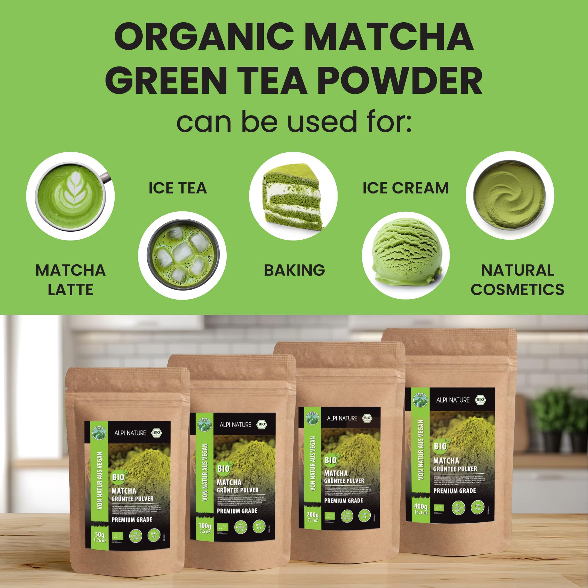 Alpi Nature Matcha Orgánica en Polvo 200g, Té Verde Matcha de Primera Calidad con Cafeína Natural