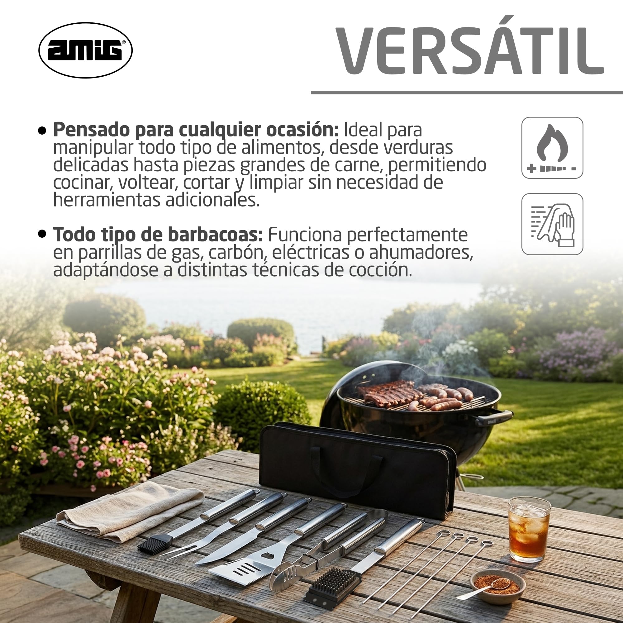 Amig - Kit 10 Accesorios para Barbacoa - Acero Inoxidable - Set Completo de Utensilios - Accesorios Prácticos y Presentación Cuidada para Regalo - Mod. AM03