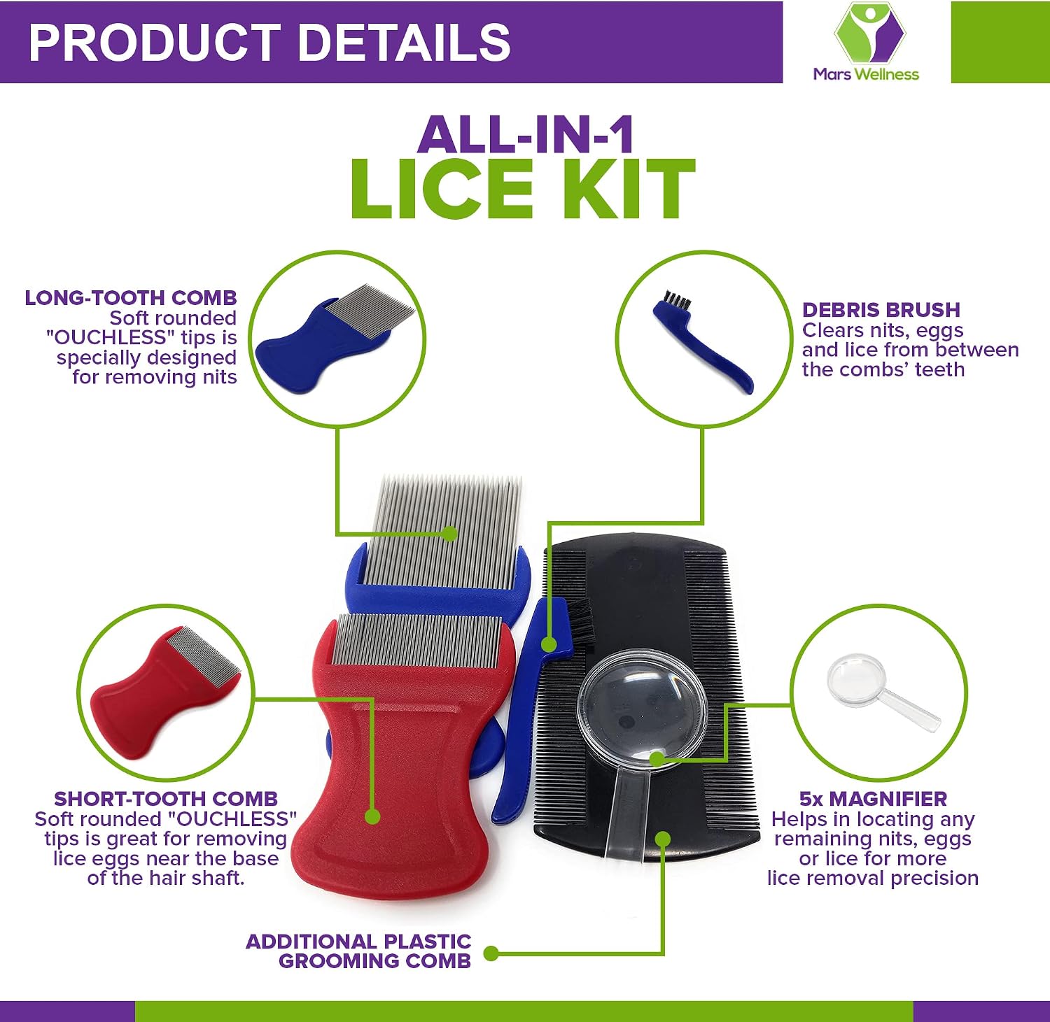 Premium 5 Piece Lice Comb Kit - Nit Removal Fine Tooth Comb and Magnifier Full Treatment Set