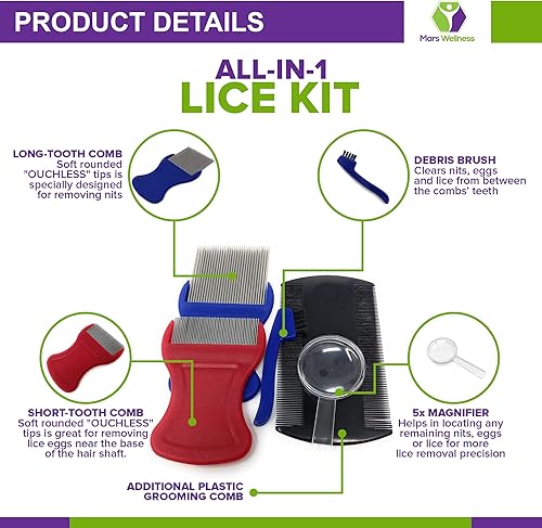 Miniatura 2 de Kit de 5 peines para piojos de primera calidad, juego completo de tratamiento completo de peine de dientes finos y lupa