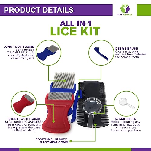 Miniatura 2 de Kit de 5 peines para piojos de primera calidad, juego completo de tratamiento completo de peine de dientes finos y lupa