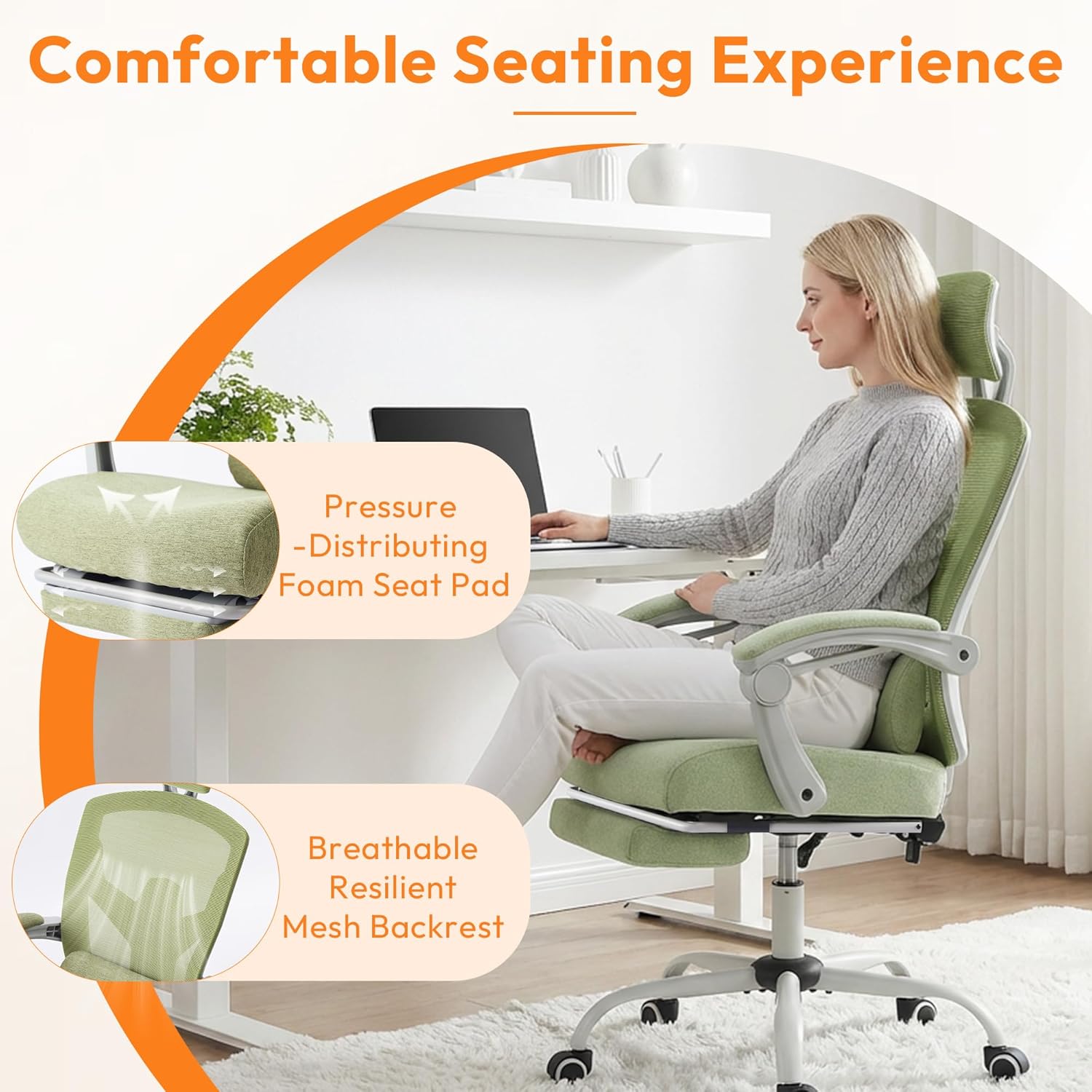 Home Office Desk Chair, Comfortable Mesh Computer Chair with Foot Rest, Reclining Gaming Chair with Headrest and Lumbar Support, 90°-130° Reclining, Green