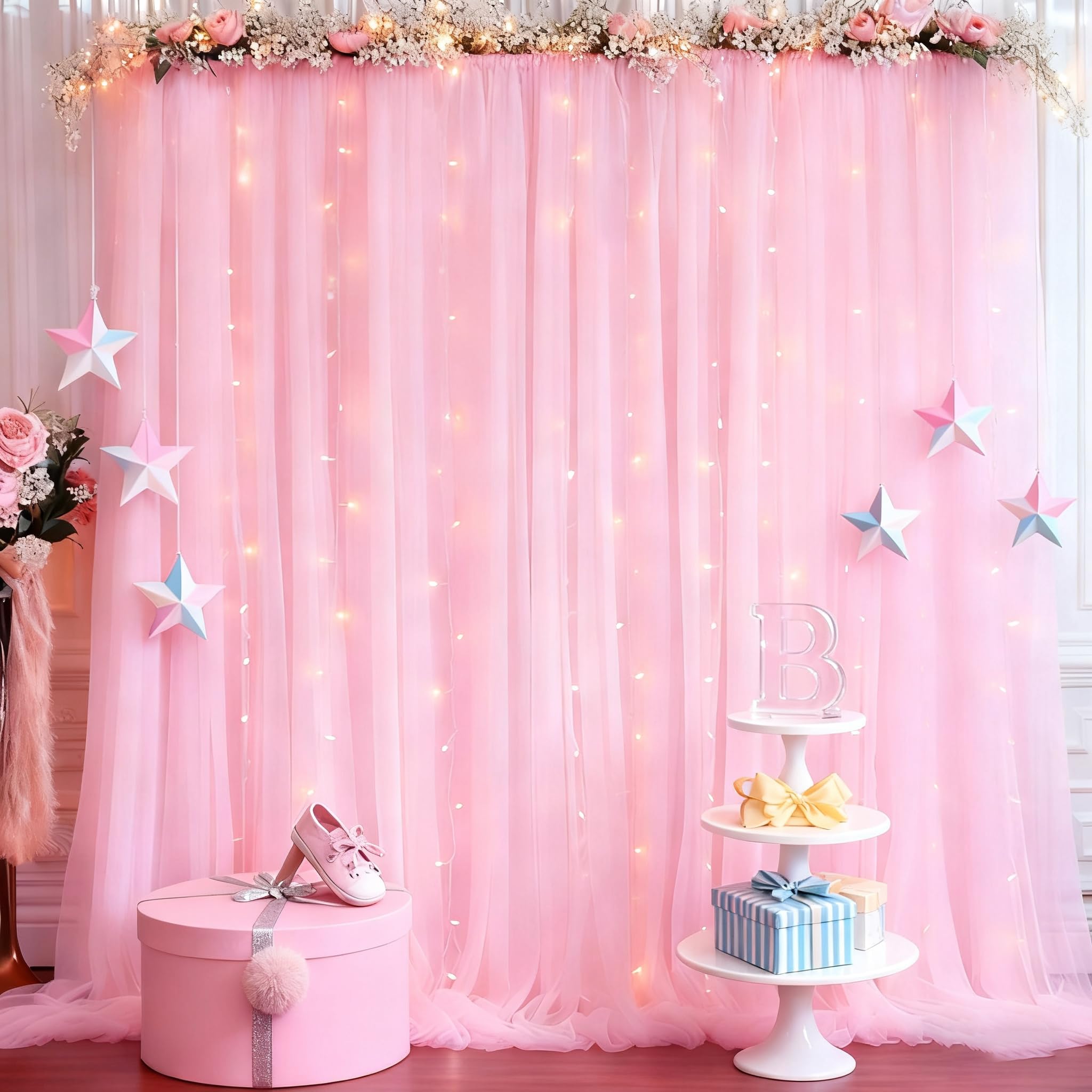 10x8ft Baby Pink Tulle Backdrop Curtain with Lights String for Parites, Sheer Photo Backdrop Curtains with Lights for Wedding Backdrop Ceremony
