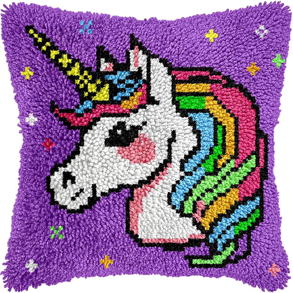 Unicorn Princess Latch Hook Kits for Adults Kids, Beginners DIY Throw Pillow Kit Pre-printed Pillowcase Hook and Latch Rug Kits Cross-stitch Cushion Cover for Home Sofa Decor Gift Idea 17x17 inch