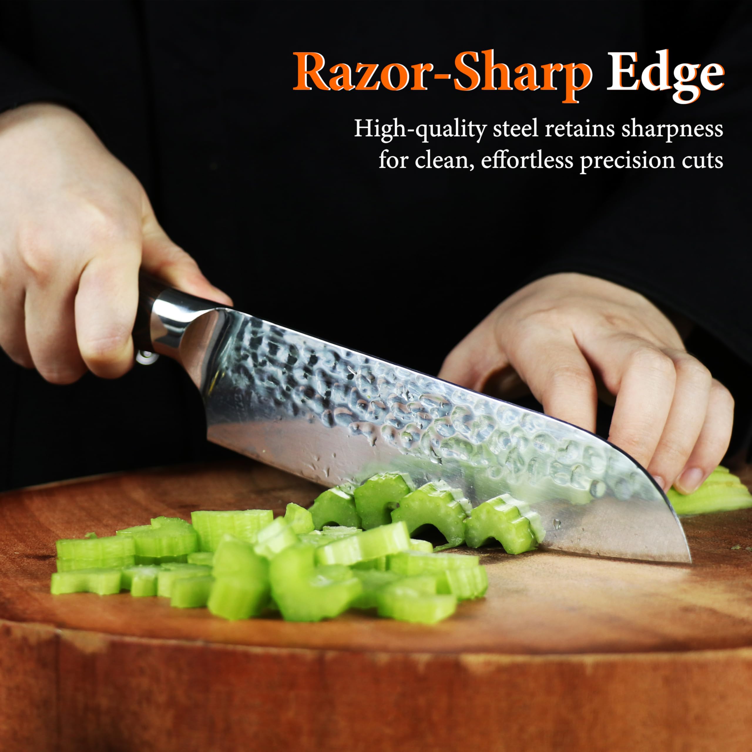 Kitory Santoku 17,8 cm – Style couteau de cuisine japonais, finition martelée, lame acier inoxydable allemand HC ultra-tranchante, manche en bois style bambou – Pour maison & restaurant.