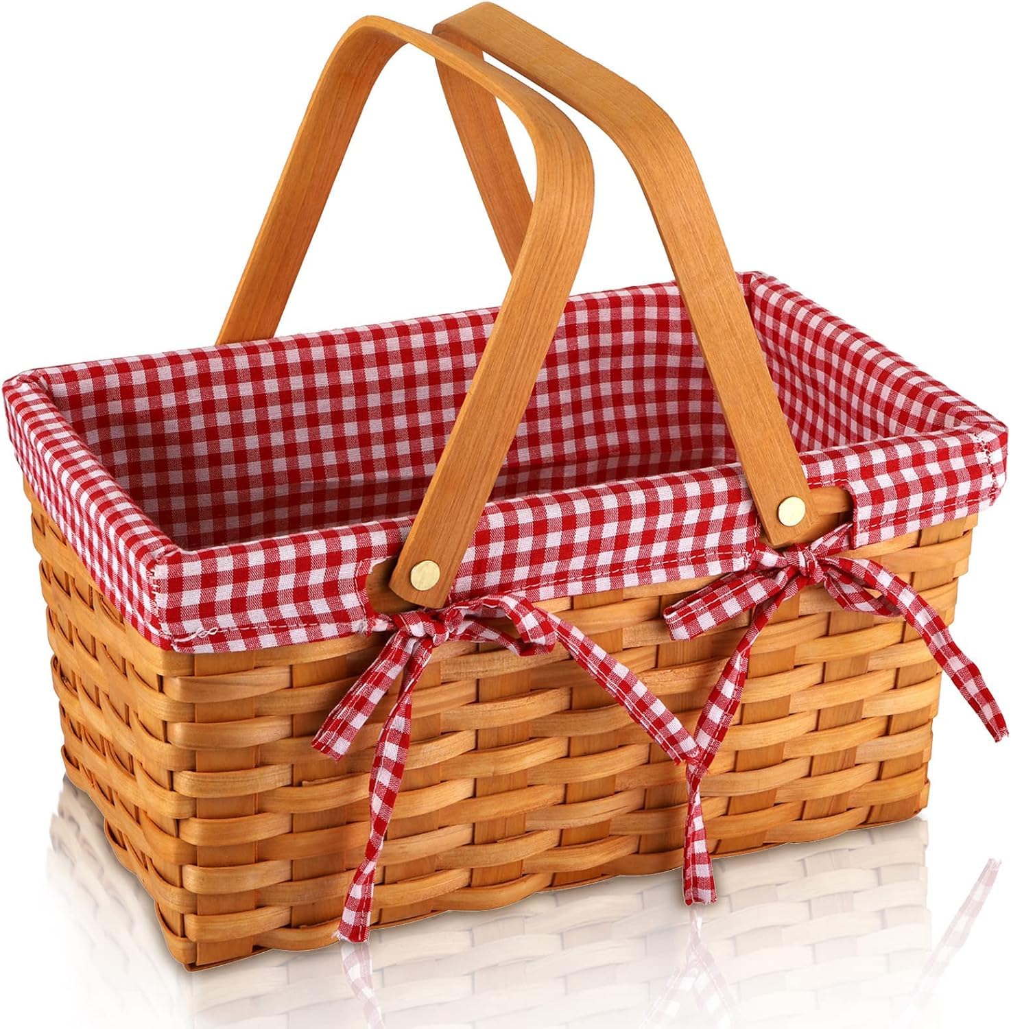 Bekith Picnic Basket Natural Split Shopping Storage Basket Woven Hamper Storage with Double Folding Handles, Pink Lining