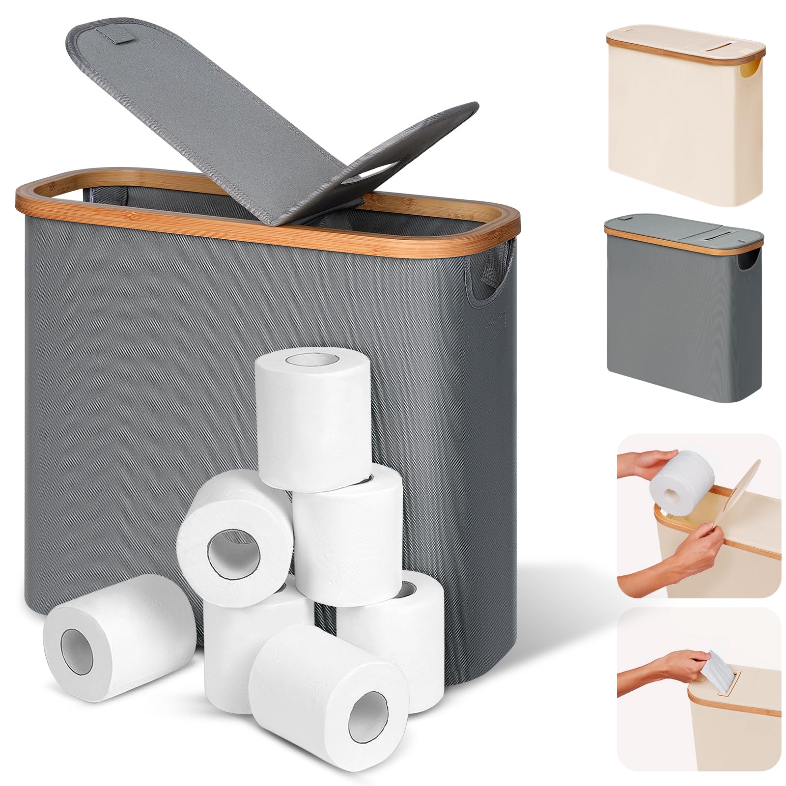 efluky 28L 2-in-1 Toilettenpapier Aufbewahrung Korb aus Bambus mit Papierauslass, Toilet Paper Organizer, Klopapier Aufbewahrung mit Deckel, Faltbarer Aufbewahrung Box für Badezimmer, WC (Grau)