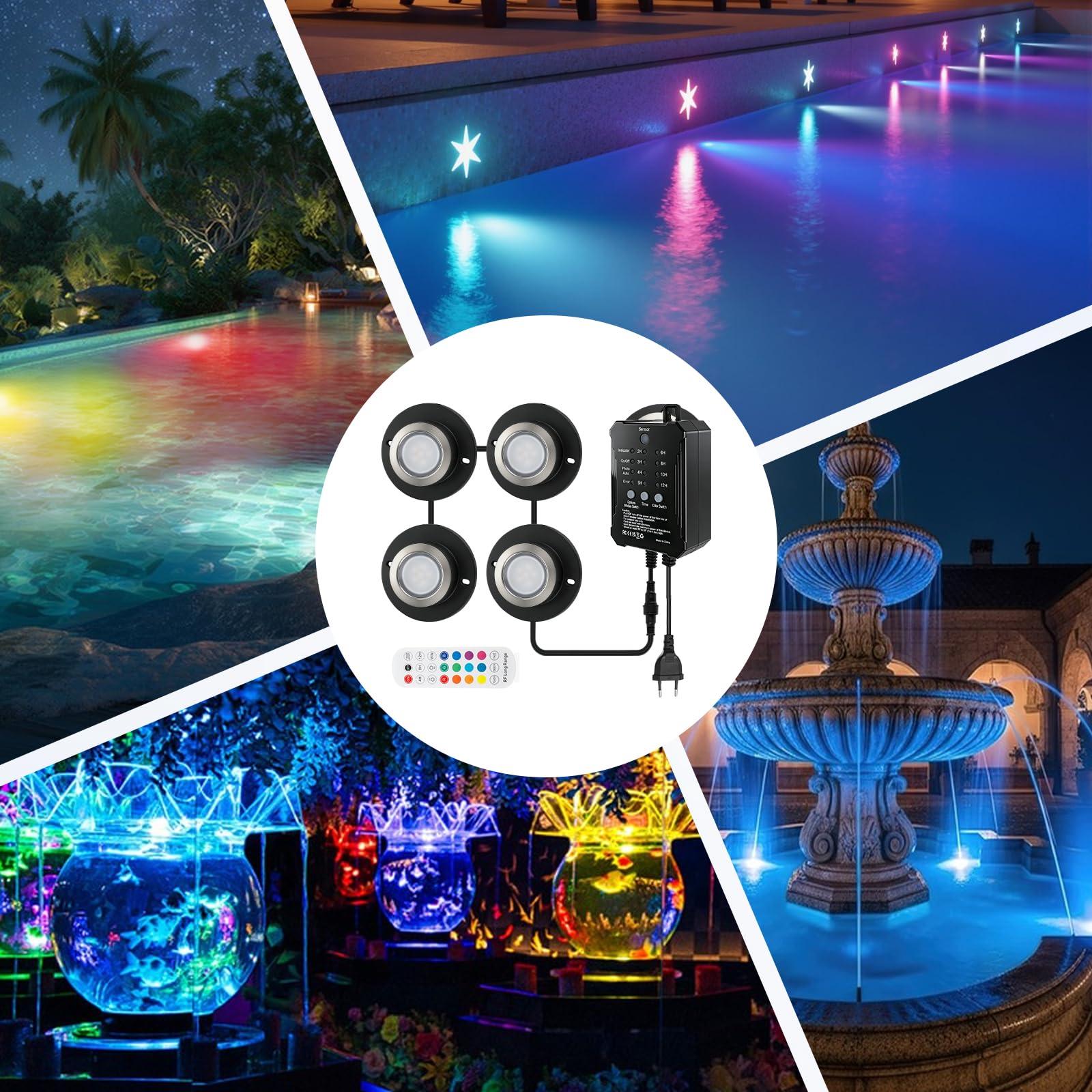 Teichbeleuchtung LED Unterwasserbeleuchtung mit Niedervolt Transformator Farbe ändernde Gartenbeleuchtung IP68 Wasserdicht für Garten, Patio, Baum, 5m Kabel, mit Fernbedienung, Schrauben, 4 Stück