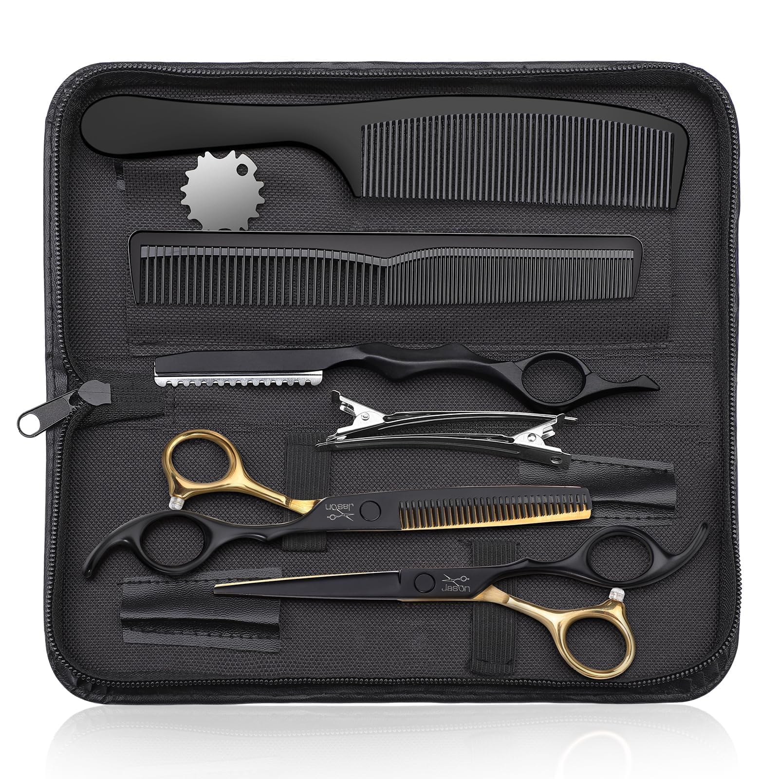 JASON Forbici da Parrucchiere Professionali - Set 10 Pezzi con Forbici da Taglio e Sfoltire - 6,5 Pollici, Oro Nero