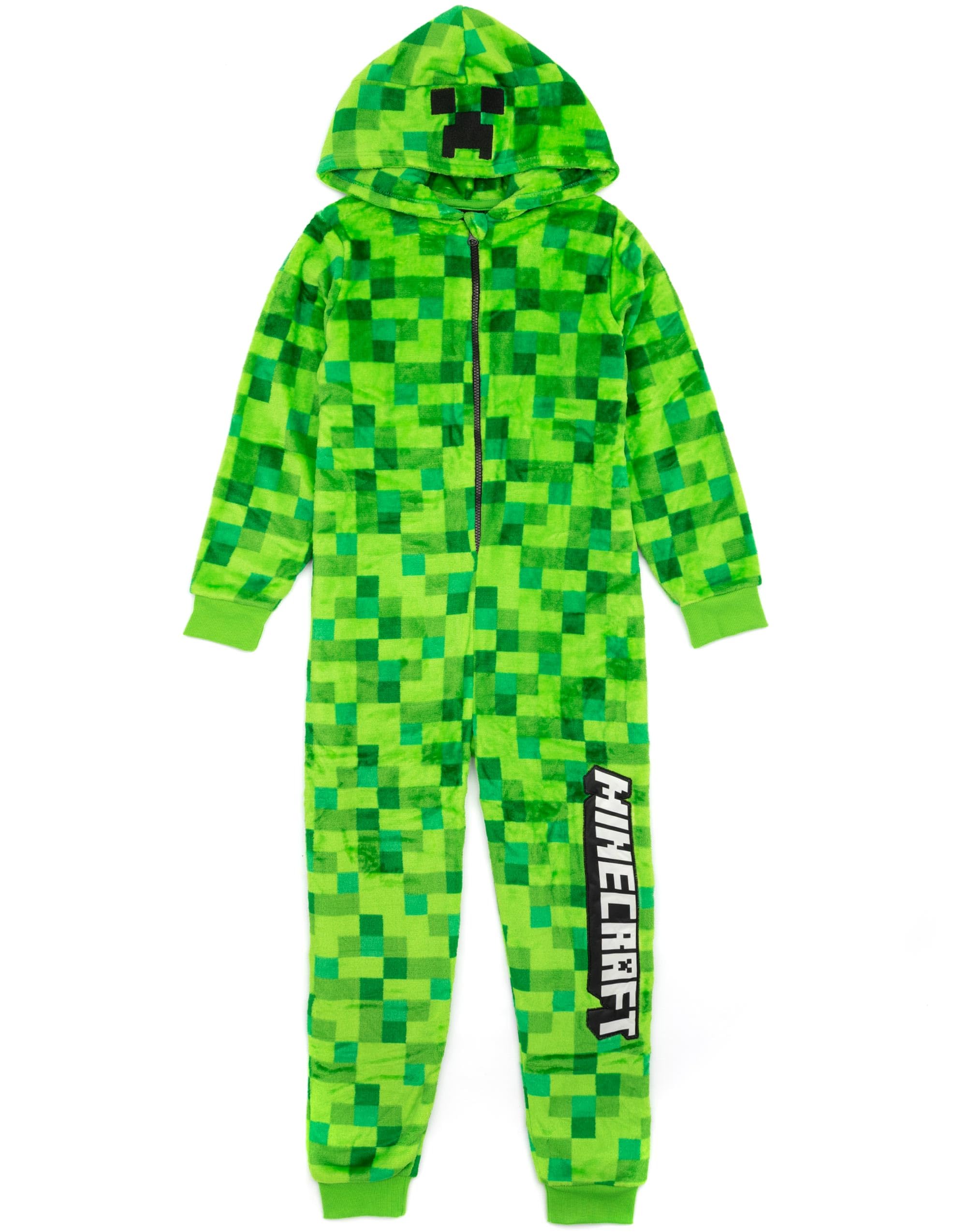 MinecraftCreeper Kids Green Onesie | Boys & Girls Pixel Print Hooded All-in-One Pyjamas with Creeper Face Design | Soft Fleece Gamer Sleepsuit | Nightwear, Dress-Up, Loungewear | Official Merchandise