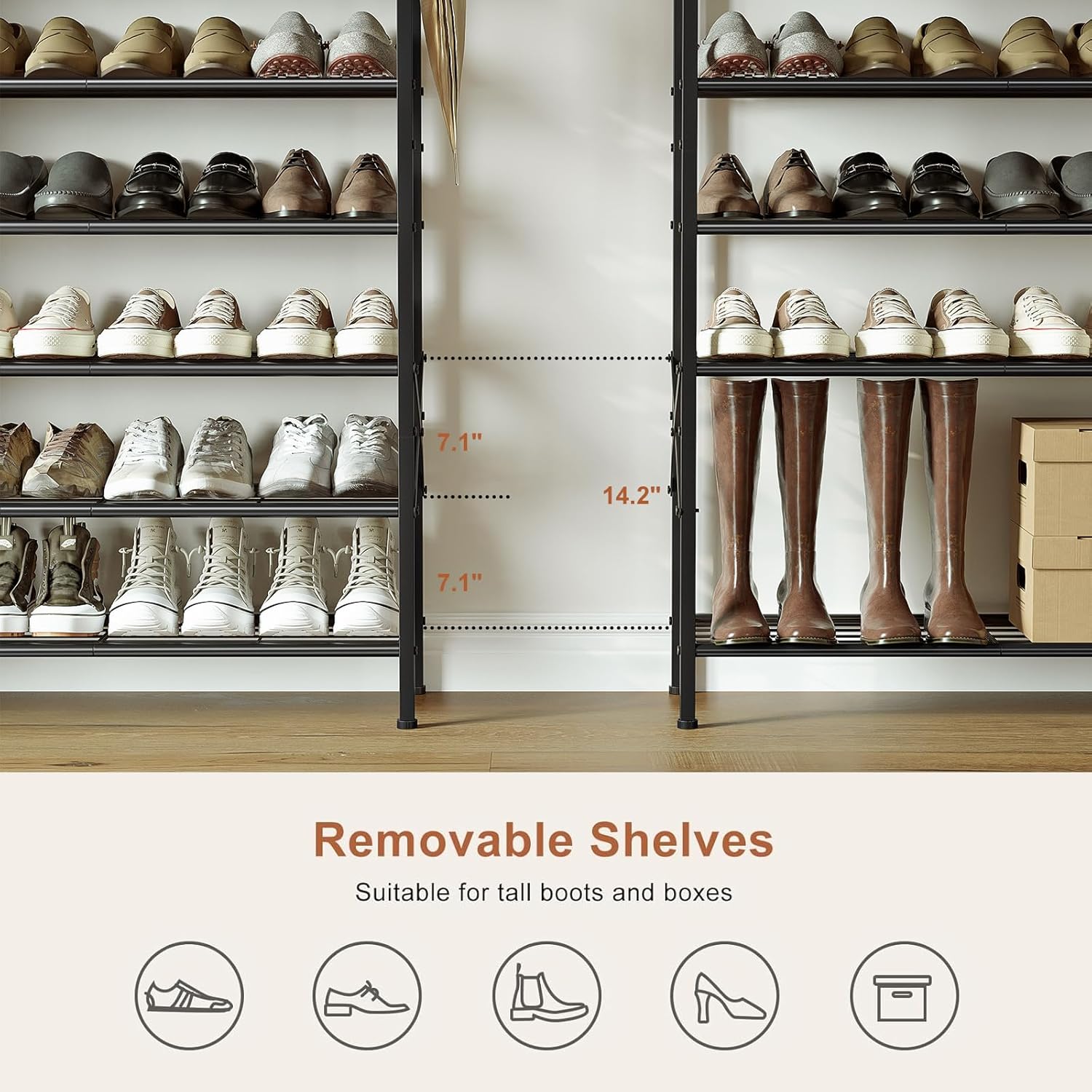 Shoe Rack with Coat Rack, 8 Tier Tall Shoe Storage Organizer with Hooks, 3-in-1, Wooden Top Shelf, Sturdy Frame, Metal Clothes Hanger Stand for Entryway, Closet, Rustic Brown and Black