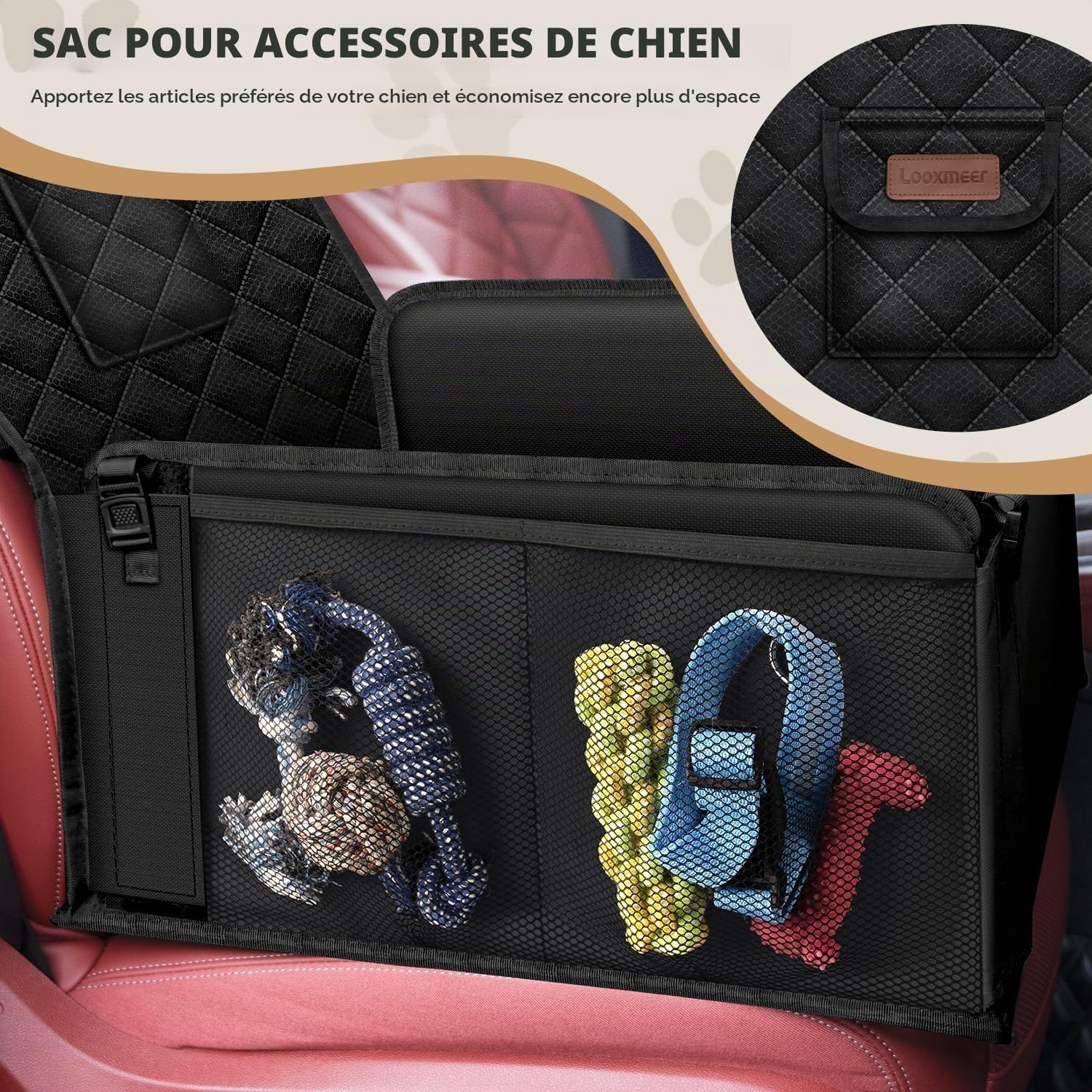 Siège Auto Chien Sécurisé Imperméable et Anti-Griffes, Filet de Rangement et Ceinture Sécurité Adjustable, Installation Facile sur Siège Passager pour Chiens de Petite et Moyenne Taille, Noir