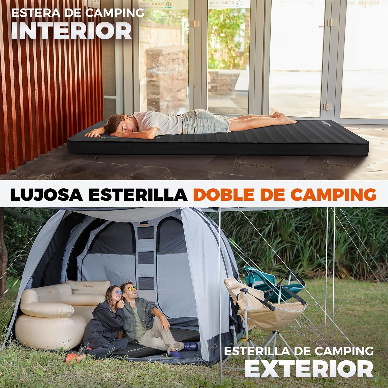 KingCamp Colchoneta Autoinflable Camping 3D 7,5cm R-7,5 198x76cm | Inflable, Compacta, Robusta, Estable, 4 Estaciones, Silenciosa, Impermeable, para Tienda Coche Cama Huéspedes Glamping Negro