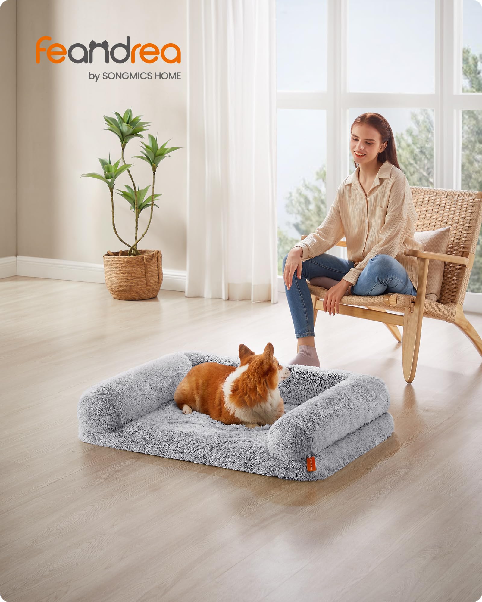 Feandrea FluffyHug Cuccia per Cani, Taglia Grande, Divano Letto per Cani di Taglia Media, di Gommapiuma Ondulata, Copertura Lavabile Sfoderabile, 91 x 68 x 23 cm, Grigio Ombré PGW232G01