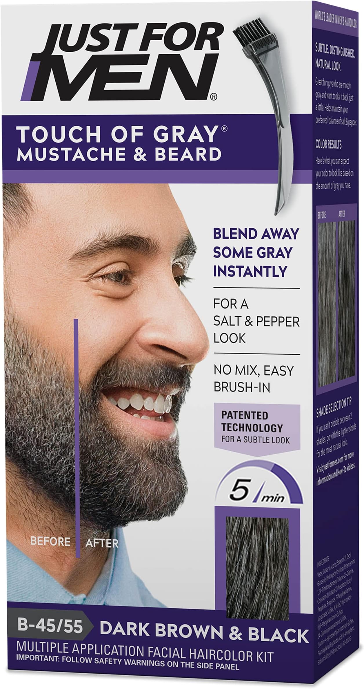 Touch of Gray Mustache & Beard, Beard Coloring for Gray Hair with Brush Included for Easy Application, Great for a Salt and Pepper Look - Dark Brown & Black, B-45/55, Pack of 1