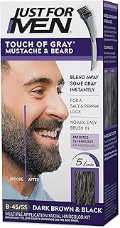 Just For Men Touch of Gray Mustache & Beard, Beard Coloring for Gray Hair with Brush Included for Easy Application, Great for a Salt and Pepper Look - Dark Brown & Black, B-45/55, Pack of 1