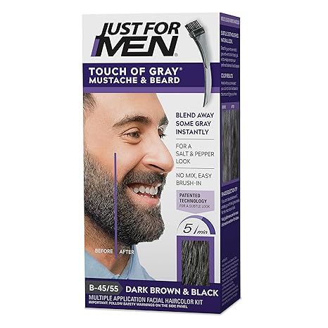 Just For Men Touch of Gray Mustache & Beard, Beard Coloring for Gray Hair with Brush Included for Easy Application, Great for a Salt and Pepper Look - Dark Brown & Black, B-45/55, Pack of 1 Just For Men Touch of Gray Mustache & Beard, Beard Coloring for Gray Hair with Brush Included for Easy Application, Great for a Salt and Pepper Look - Dark Brown & Black, B-45/55, Pack of 1