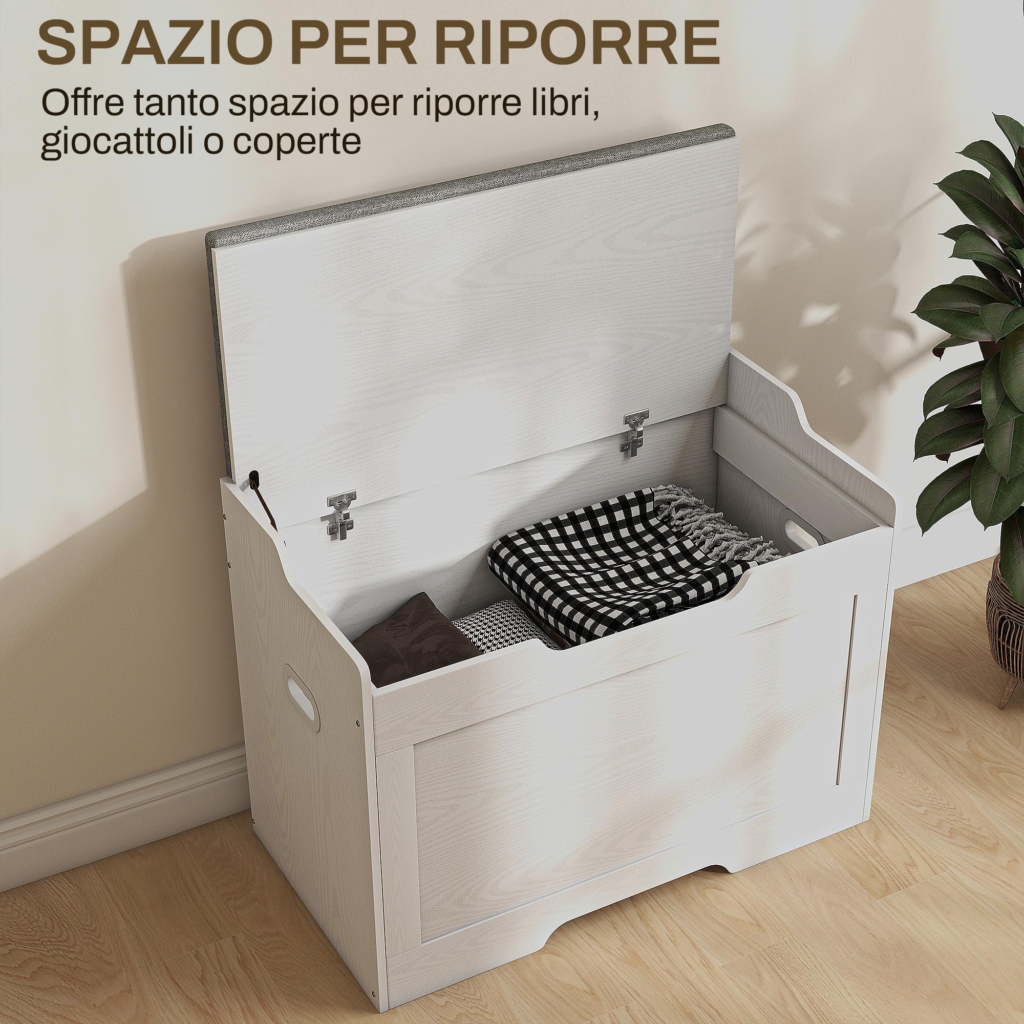 HOMCOM Cassapanca da 103L, Panca Contenitore Multiuso con Cuscino in Tessuto Lavabile, Panca Portaoggetti in Legno per Ingresso, Corridoio, Camera da Letto, Soggiorno, 75x40x56 cm, Bianco