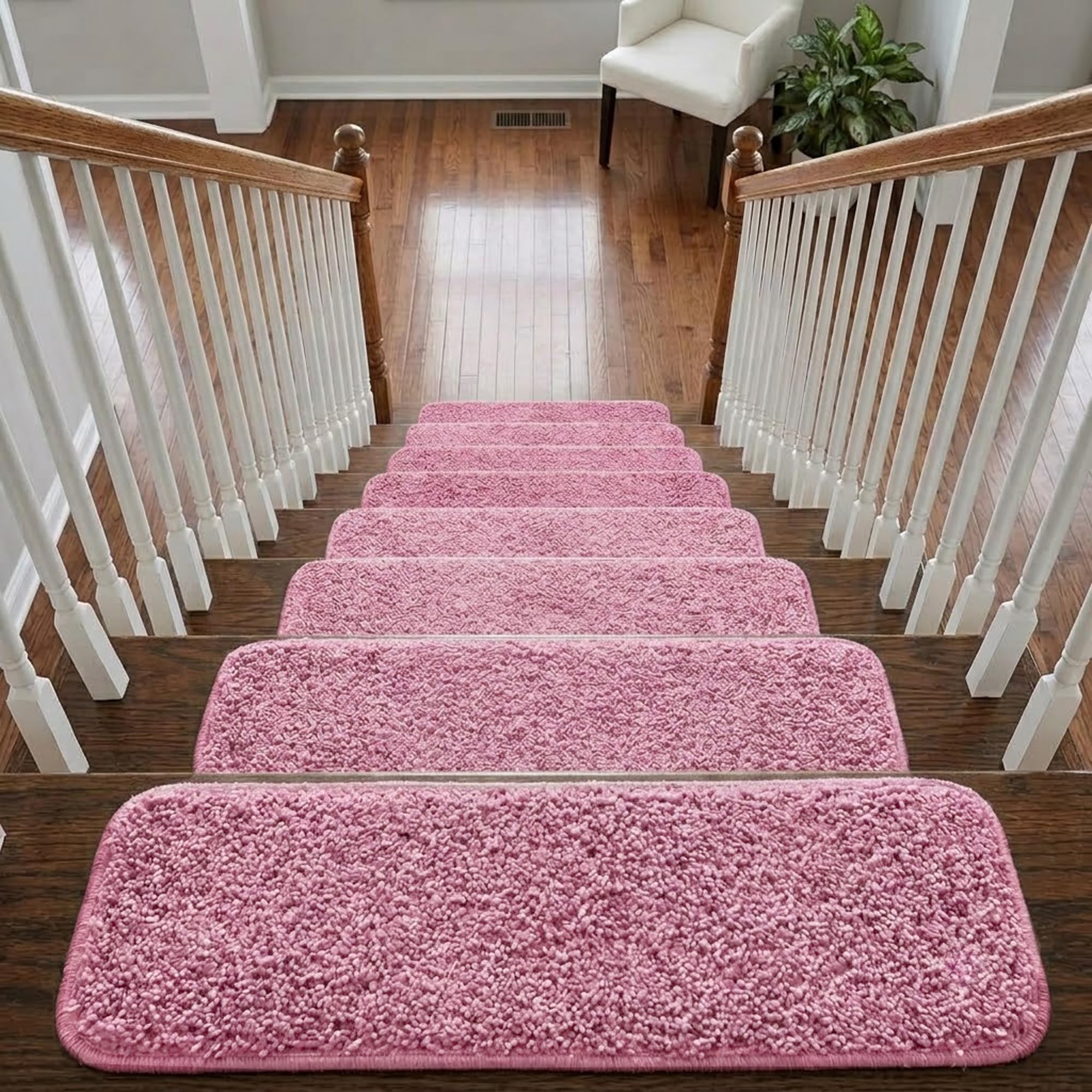 Soft Shaggy Stair Treads Non Slip Machine Washable Carpet Mats 22x67cm 30mm Thick Plush Stair Rugs for Wooden Stairs Indoor Anti Slip Step Mats Safe for Kids Pets and 100% Increased Yarn (Pink, 15)