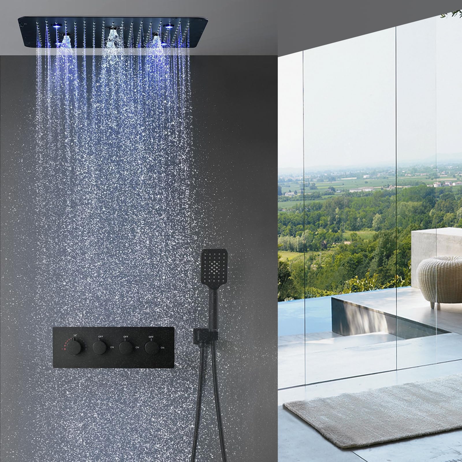 Unterputz Duscharmatur Set, Unterputz Duschsystem mit Thermostat LED | Schwarz Duschset, Messing Dusche Regendusche Set, Duschgarnitur mit Regendusche mit Armatur, Handbrause 3 Modi