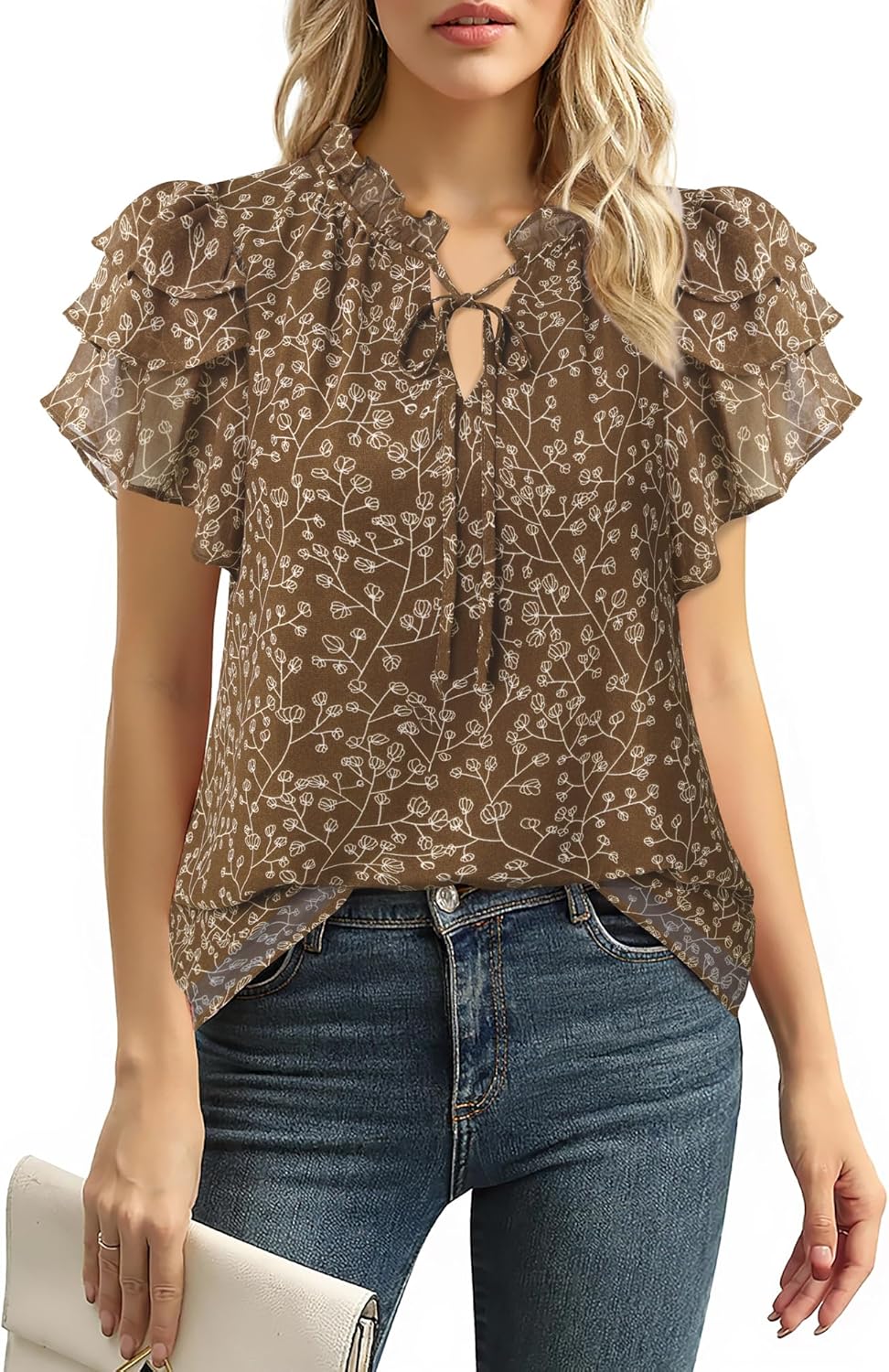 Lotusmile Summer Chiffon Dressy Casual Blouses Elegant Ruffle Short Sleeve Work Tops for Women Trendy