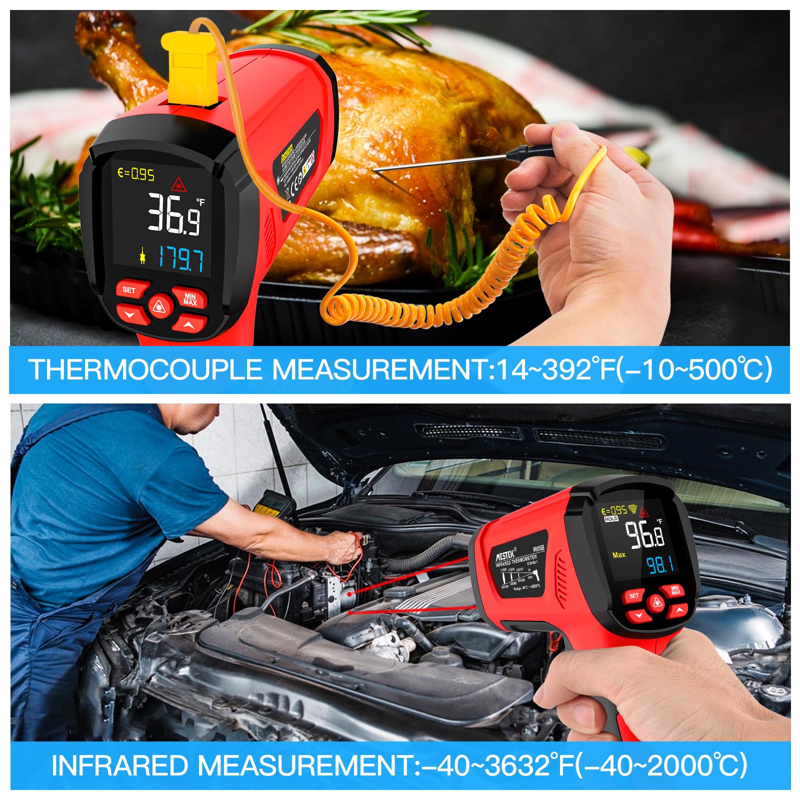 MESTEK Termometro a Infrarossi Digitale Laser -40°C~2000°C con K-Probe Senza Contatto LCD Emissività Regolabile Allarme