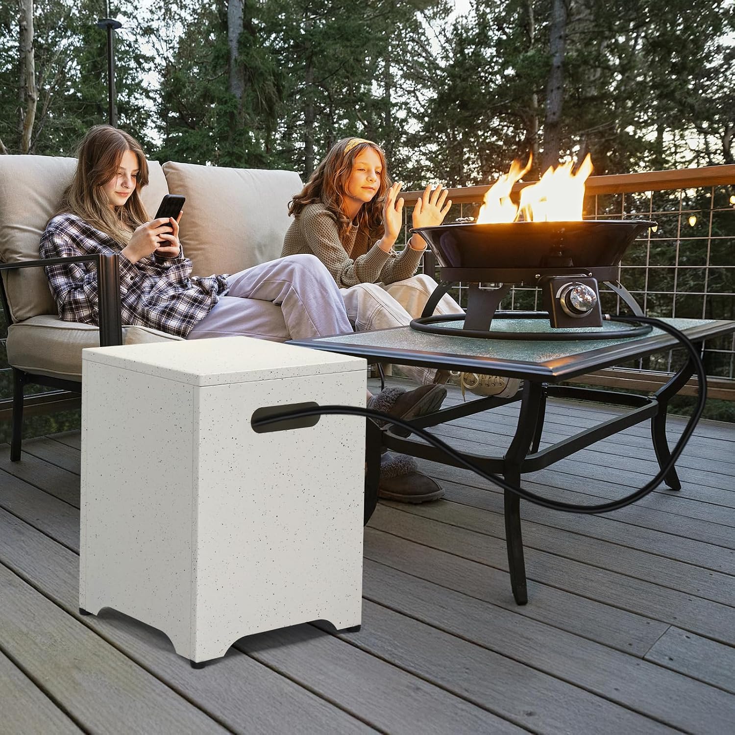 Outvita Outdoor Propane Tank Cover Table, 16in Propane Tank Storage Box with Carry Handle, Powder-Coated Steel, Multi - Use as Side Table for Patio, Garden & Living Room,16*16*21inch, marble color