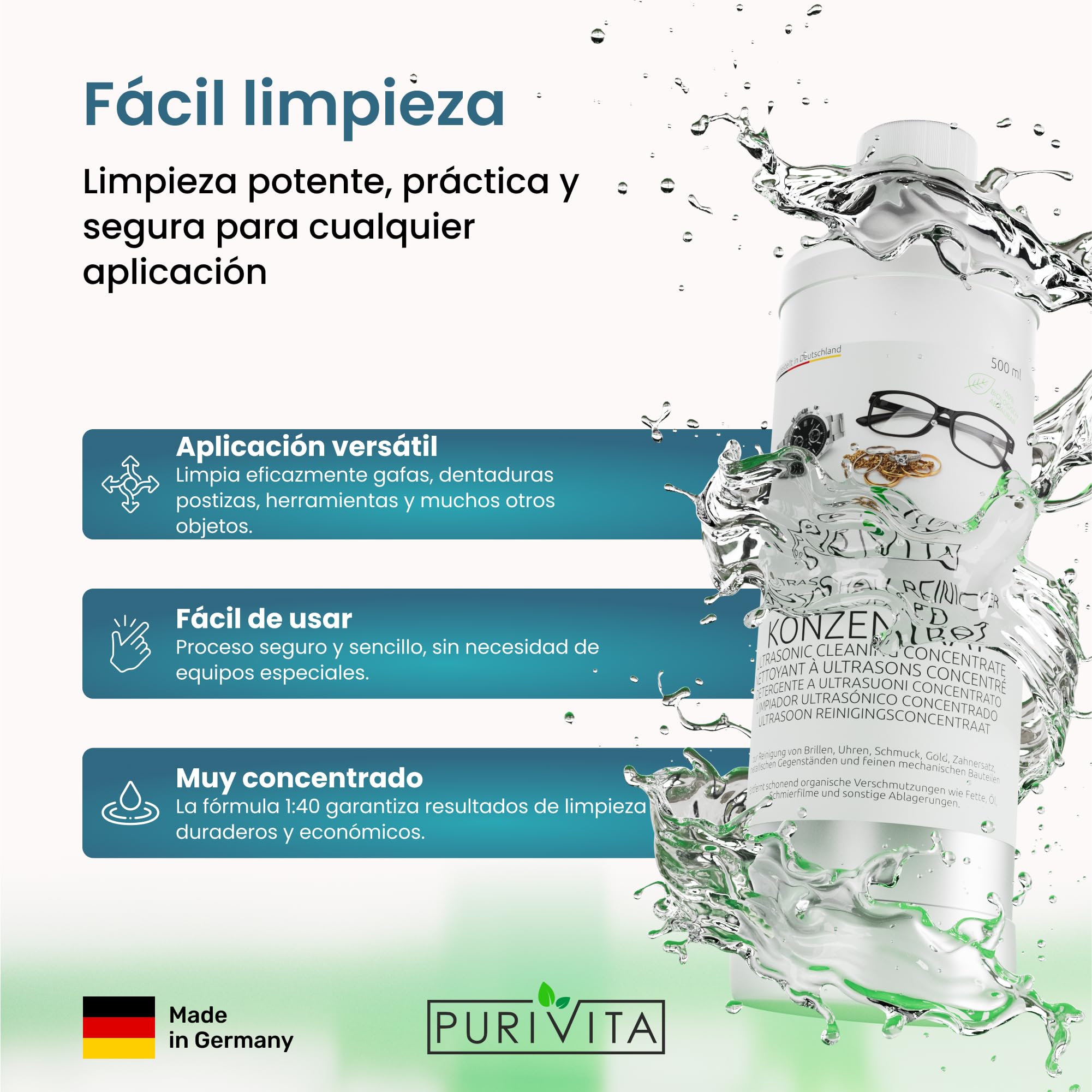 PURIVITA® Universale Liquido para Ultrasonidos Limpieza 500ML - Limpiador Ultrasónico - Ultrasonic Cleaner