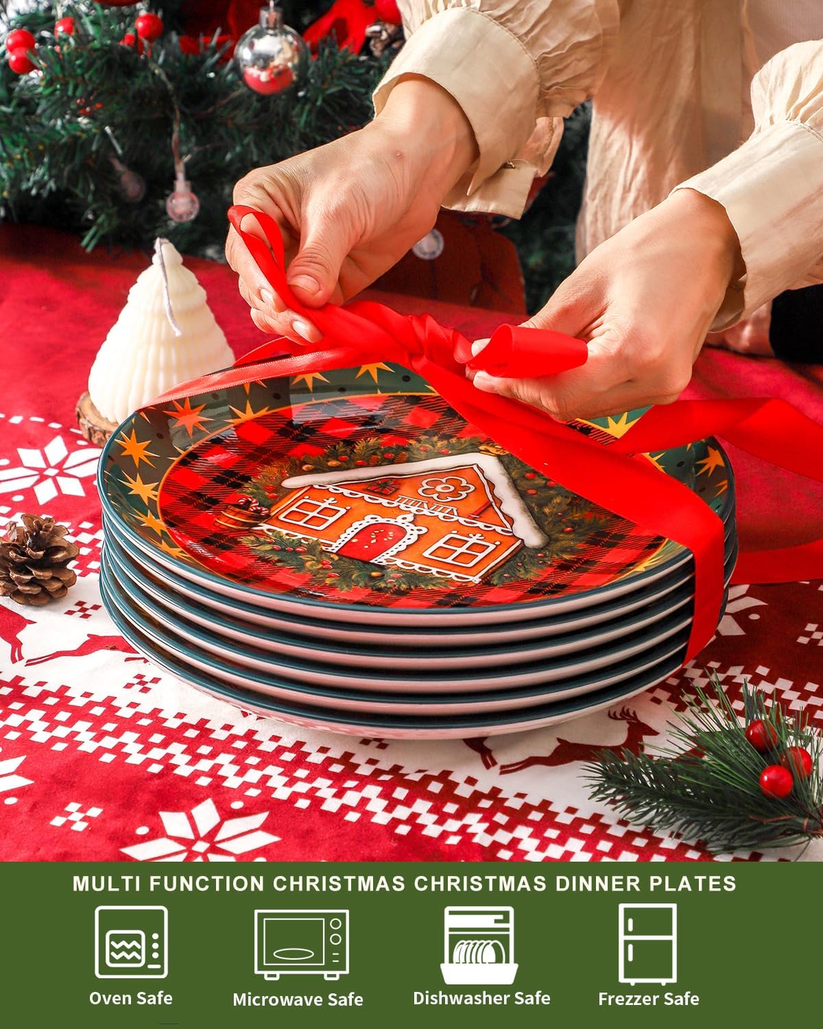 HASENSE Dinner Plates, 10.5 Inches Serving Dishes for Salad, Pasta, Steak, Dessert, Party, Kitchen, Ceramic Holiday Plate Set of 6, Microwave and Dishwasher Safe, Red - Image 3