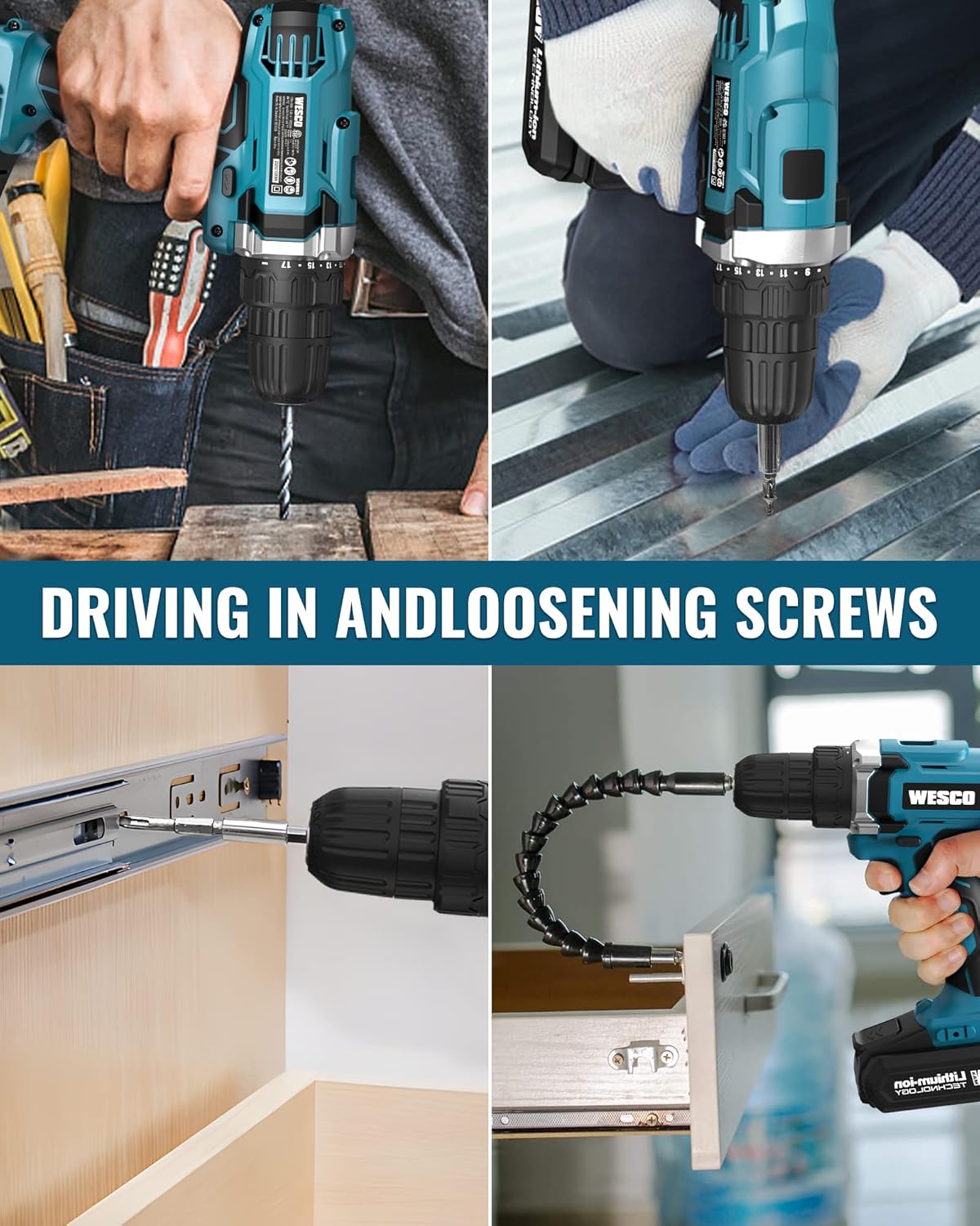 Buy Power Drill,WESCO 20v MAX Lithium Lon Cordless Drill Set,Power Drill Cordless with Battery