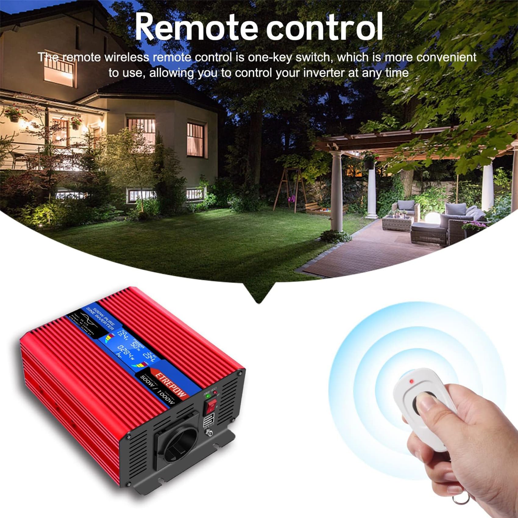 500w Wechselrichter 12v auf 230v Reiner Sinus Spannungswandler mit 2 USB,Drahtlose Fernsteuerung,LCD Bildschirm -Spitzenleistung 1000w Kfz Inverter