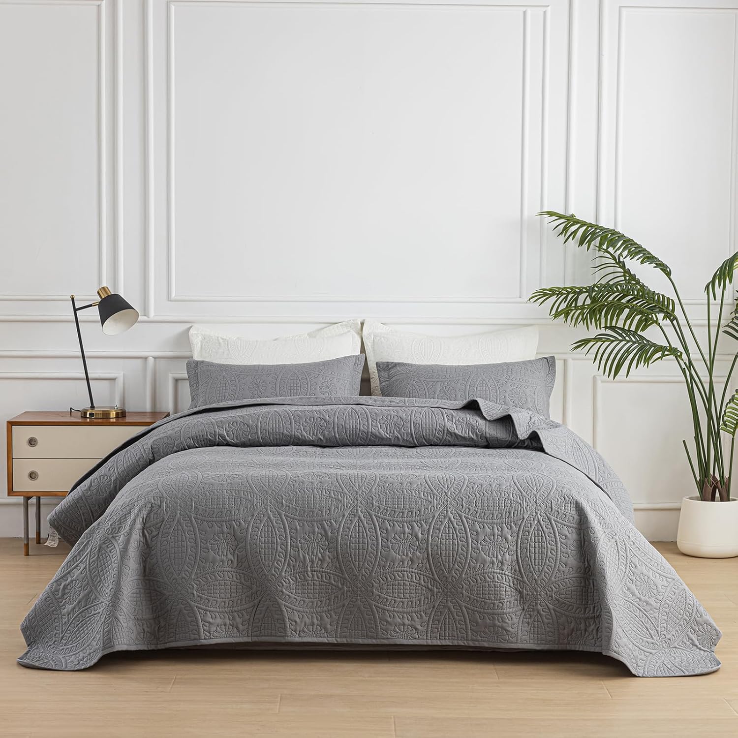 SheRest Full Quilt Bedding Set - Gray Soft Breathable Bed Quilts, Modern Style Embossed Bedspreads, Lightweight Microfiber Reversible Coverlet for All Seasons-3 Pieces (1 Quilt,2 Pillow Shams)