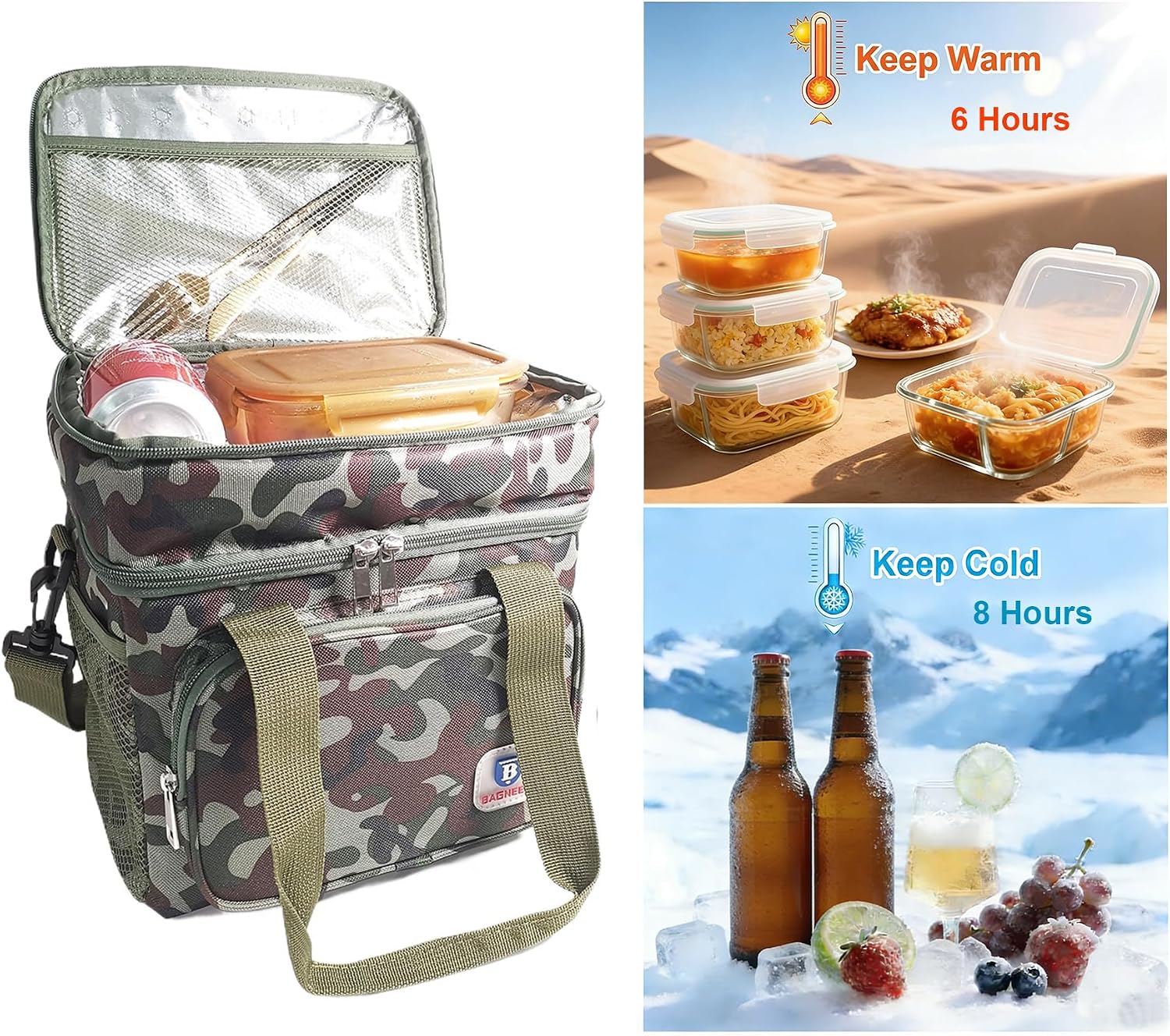 Tactical Lunch Box for Men, Insulated Lunch Bag Double Decker Picnic Camping Coolers, Durable Lunch Pail Leakproof Work Outdoor Beach Lunchbox Food & Drink Thermal Bag, 14L (Camo)