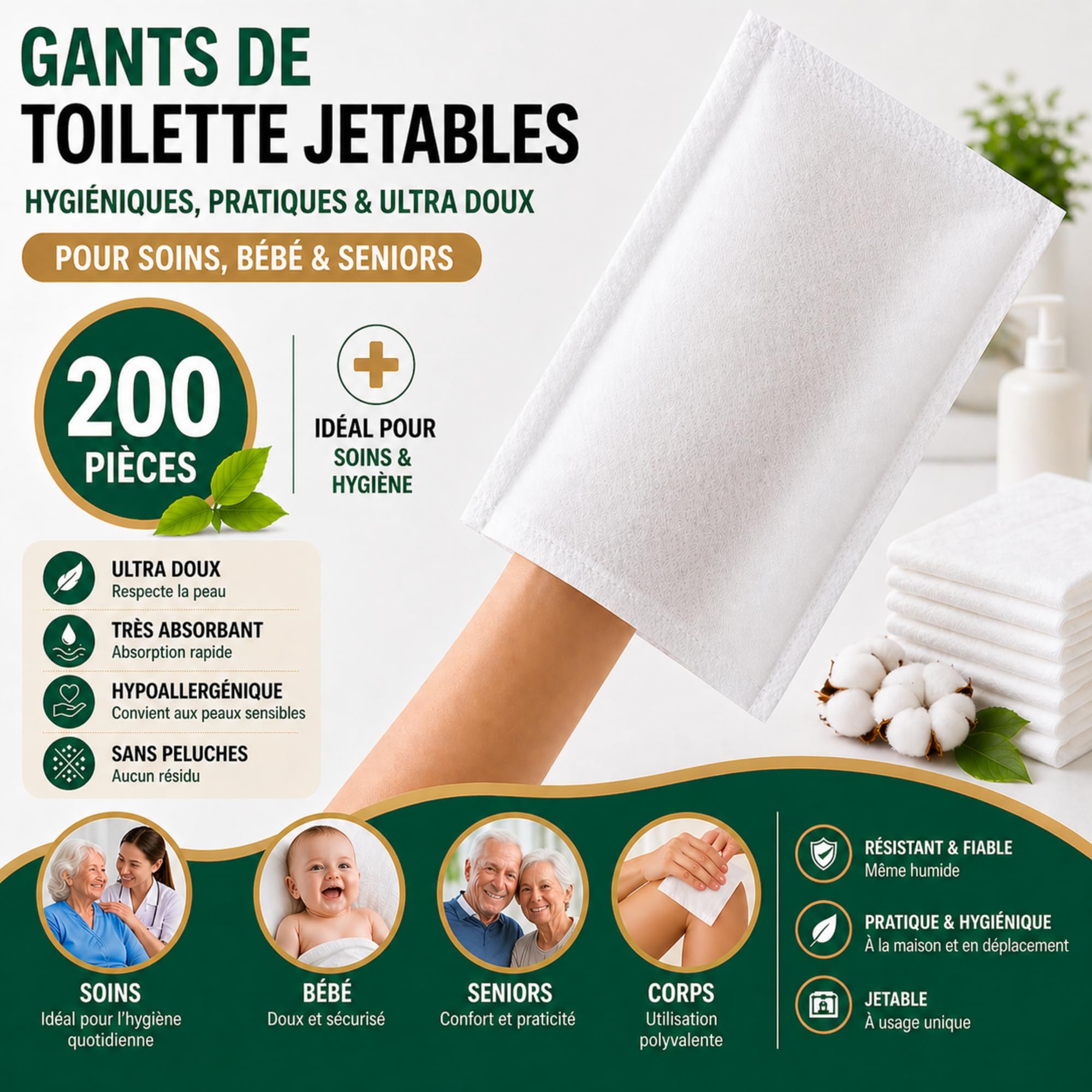 200 Gants de Toilette Jetables Ultra Doux - Non Tissés Molletonnés - Soins Médicaux et Hygiène - Blanc