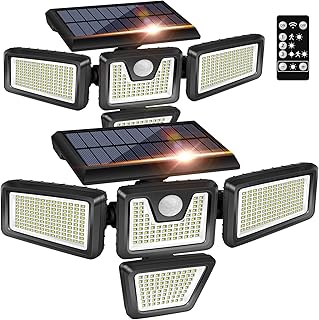 AmeriTop Solar Lights Outdoor, 392 LED 6500K High Brightness Cordless LED Motion Sensor Flood Light, 4 Heads with 3 Mode, IP65 Waterproof, Remote Security LED Flood Light(Daylight) 2 Pack