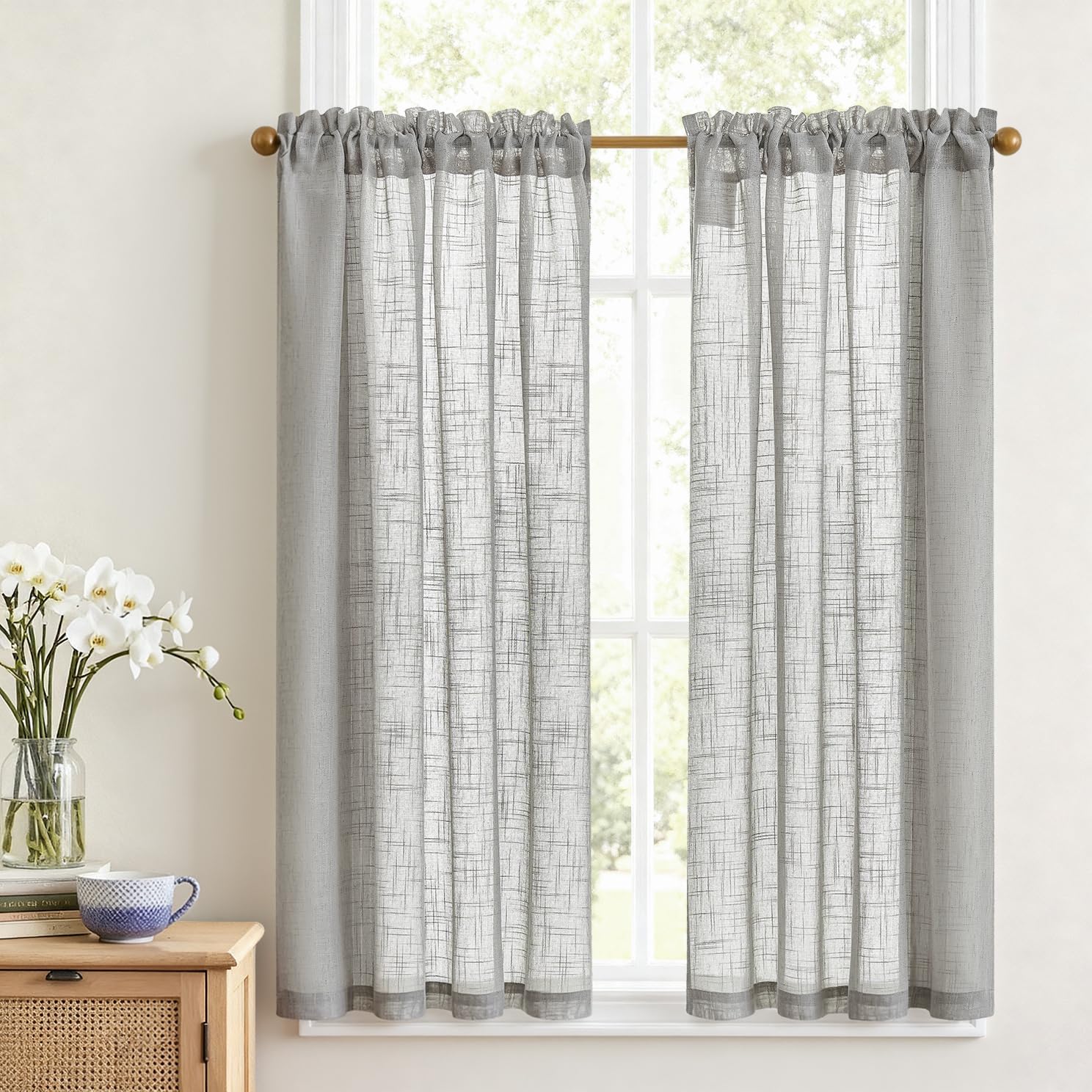 VANGAO Voile Scheibengardine Transparente Bistrogardine Sheer Unifarbige Tunnelzug Küchenvorhang