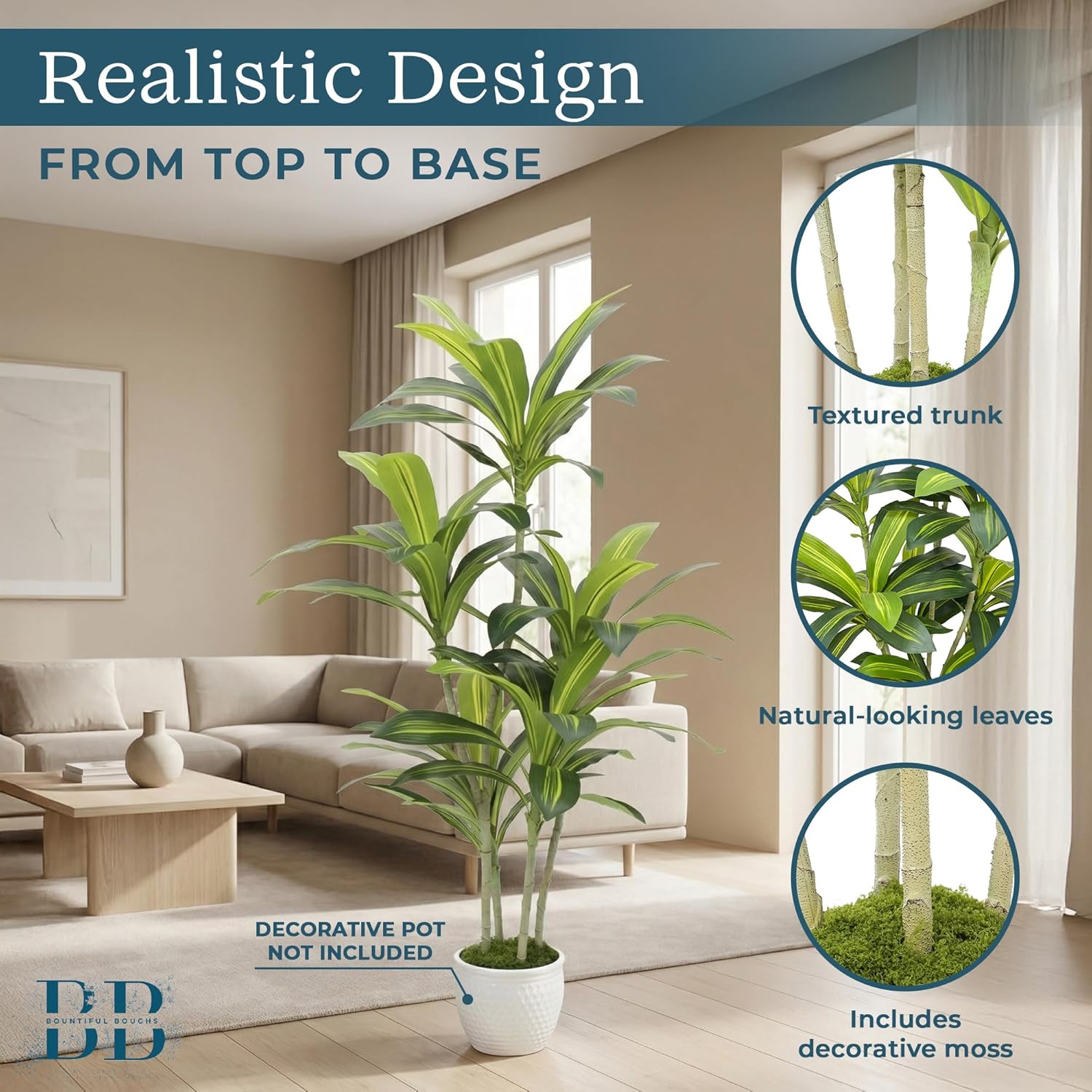 4’ (120 cm) Dracaena Artificial Tree with Small Black Pot & Moss – Lifelike Natural Look, Maintenance-Free, Indoor & Outdoor Plant for Home, Office, Balcony & Patio