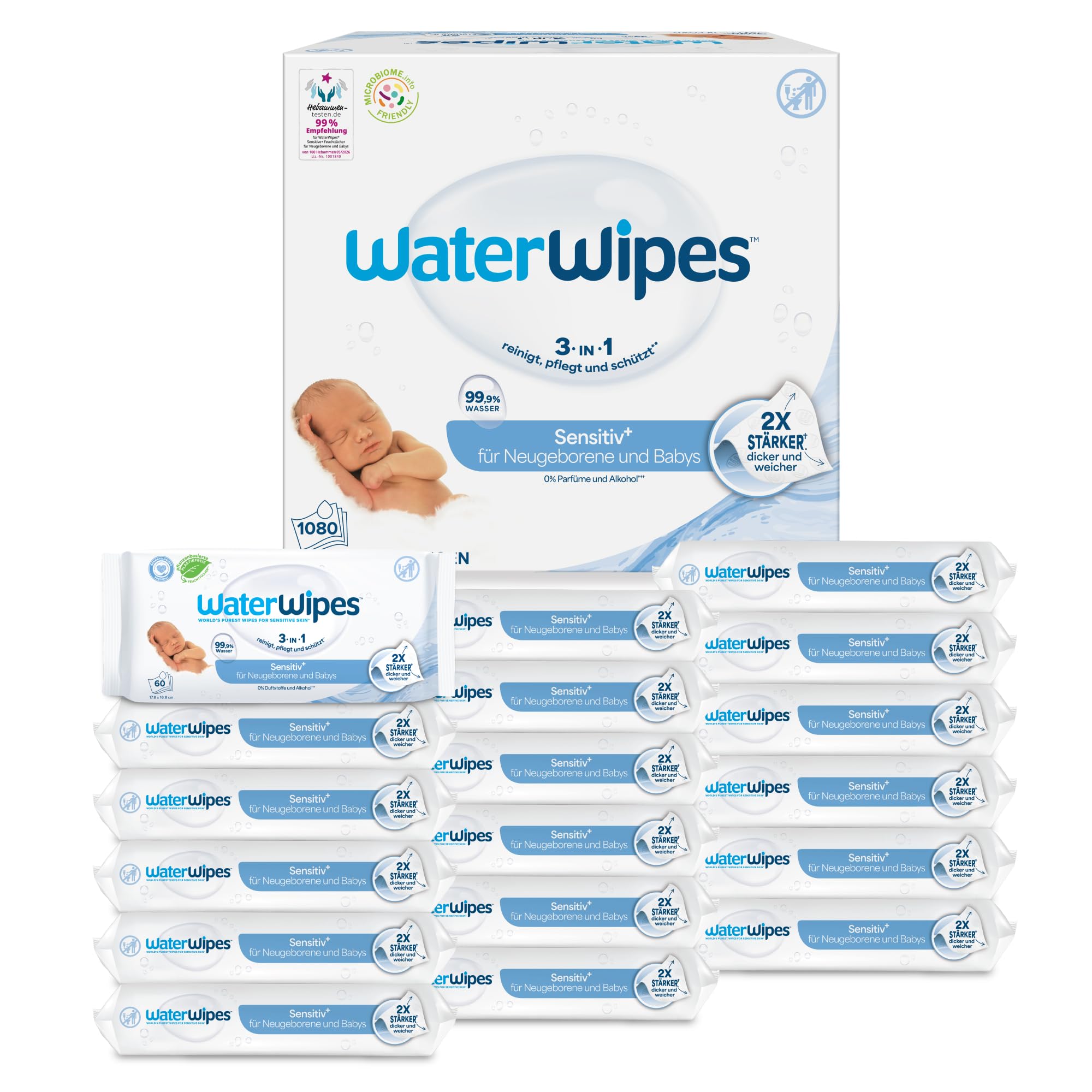 WaterWipes Sensitive+ Newborn & Baby Wipes, 99,9% Wasser, 18 Pack