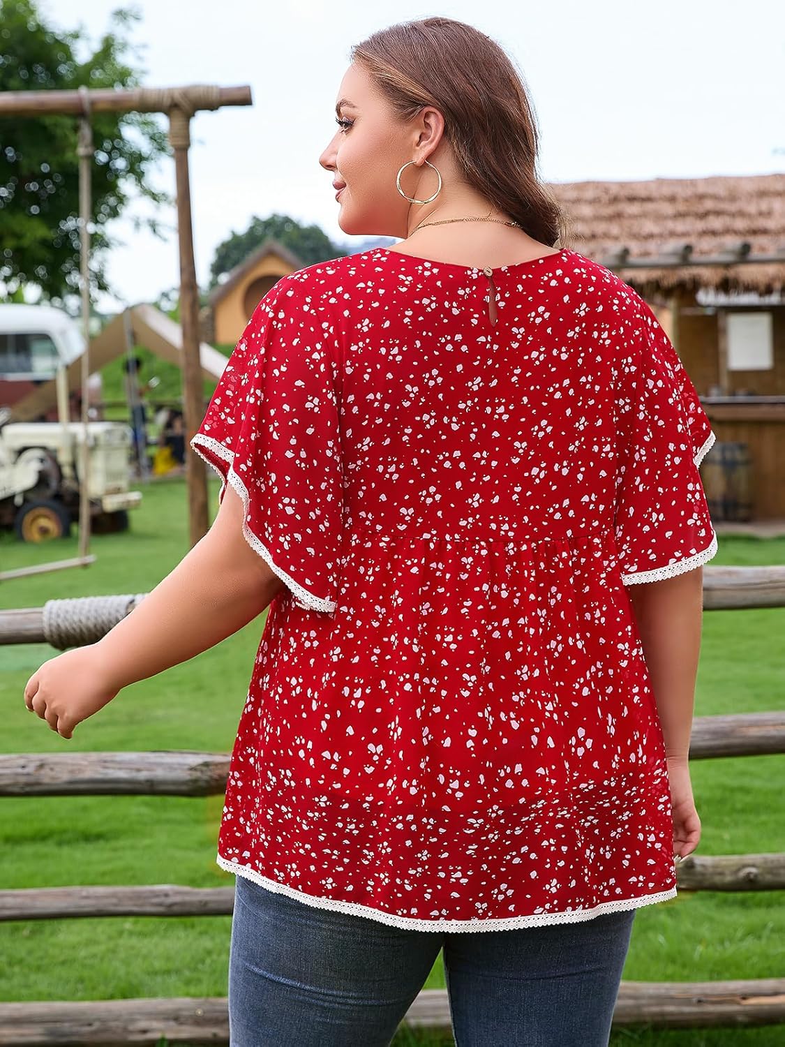 Siddhe Womens Plus Size Tops Ruffle Sleeve Lace Peasant Blouse Chiffon Floral Boho Beach Vacation Holiday Tunic Tops - Image 5