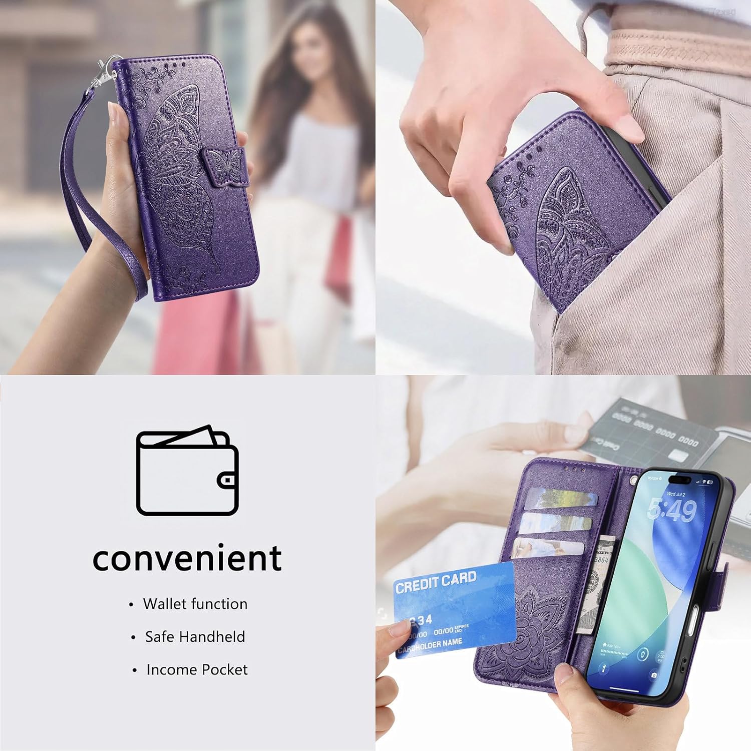HAOTP for iPhone Air Phone Case Wallet,Women Flip Folio Cover with Credit Card Holders Emboss Butterfly Flower PU Leather Purse Wrist Strap Kickstand Case for Woman Man Purple - Image 7