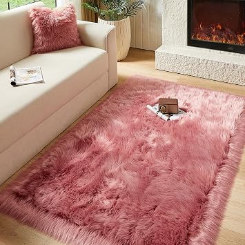 AMTOVO Faux Fur Sheepskin Rug for Living Room, 4 x 6 ft Blush Pink Fluffy Area Rug for Bedroom, Playroom, Luxury Room Decor, Rectangle
