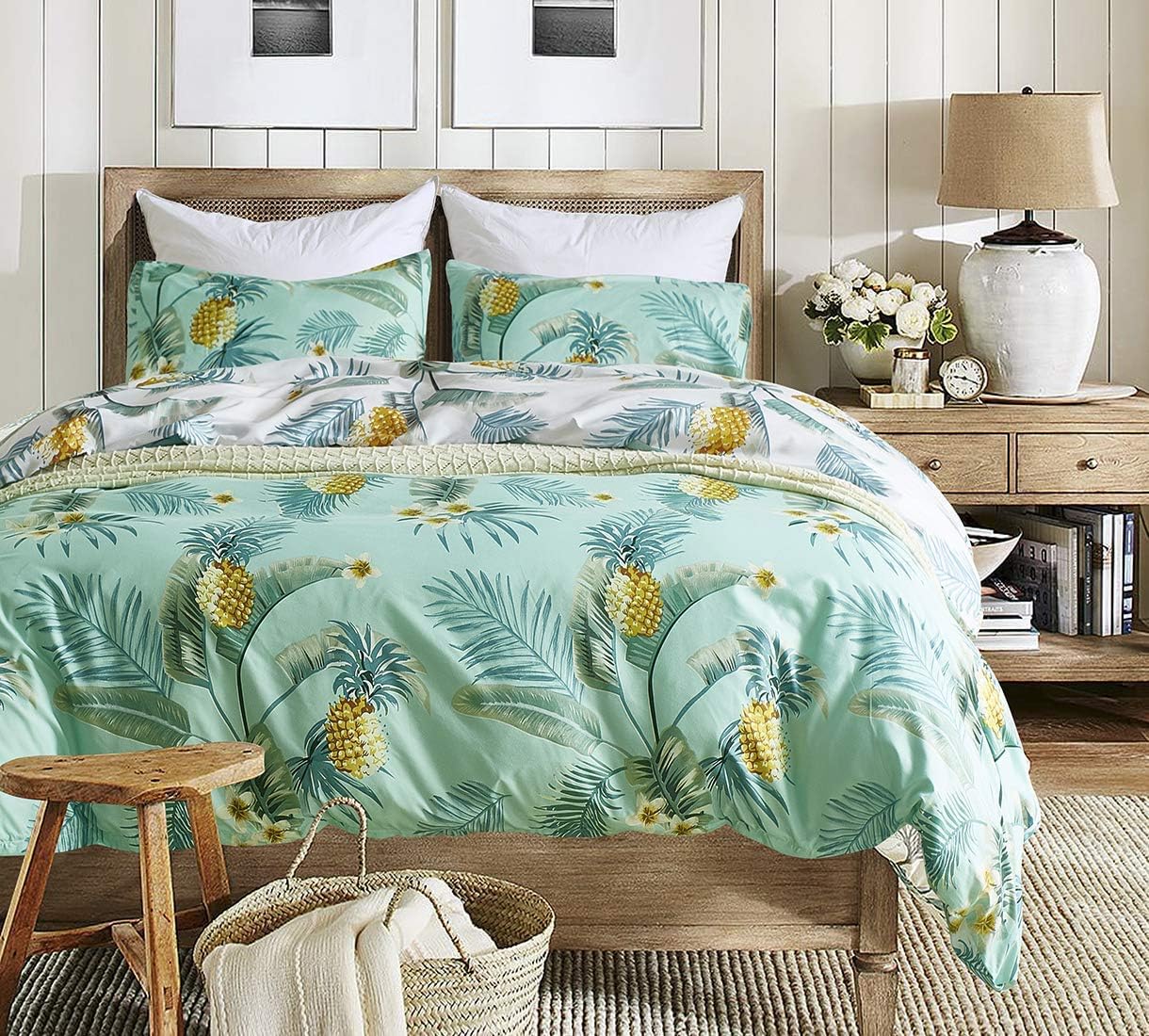 feelyou Pineapple Palm Leaves Print Duvet Cover Set Queen Bedding Set Kids Boys Girls Women Men Golden Green Polyester Comforter Cover Set Quilt Cover with 2 Pillow Shams Tropical Floral Pattern,3 Pcs