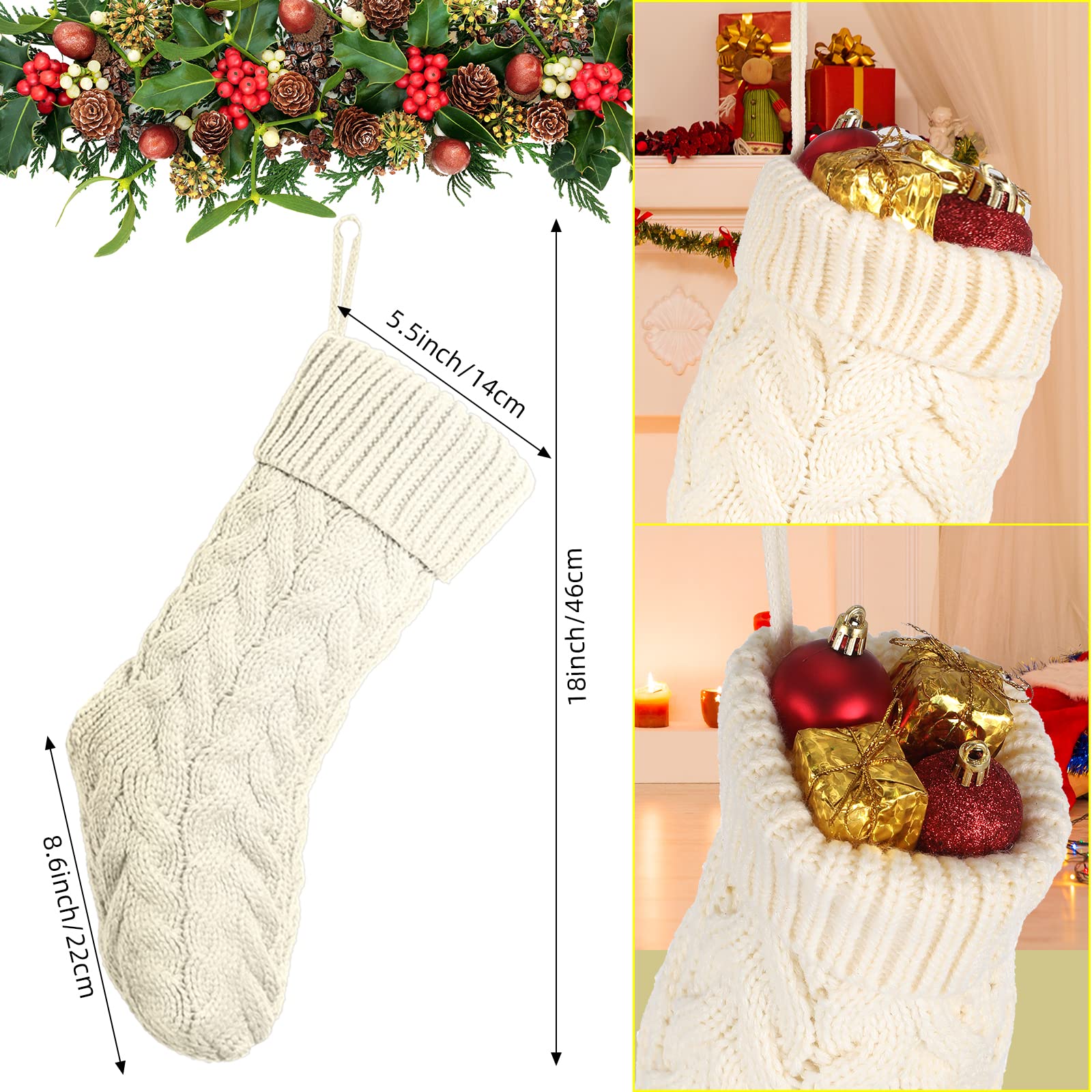 Vinsot 12 Set Christmas Stockings 18 Inches Big Cable Knitted Stockings Xmas Large Size Fireplace Stocking