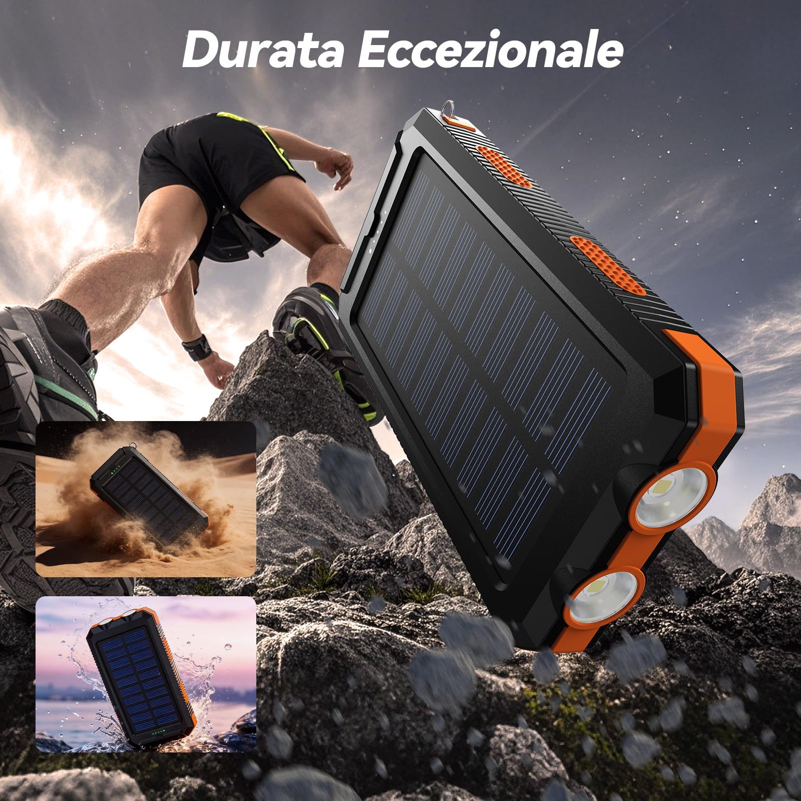 Vikeri Powerbank Solare da 26800 mAh, Power Bank Solare Impermeabile, Porta USB-C per Ricarica Rapida, con 4 uscite, per Smartphone, Tablet, ecc. (Arancione intenso)