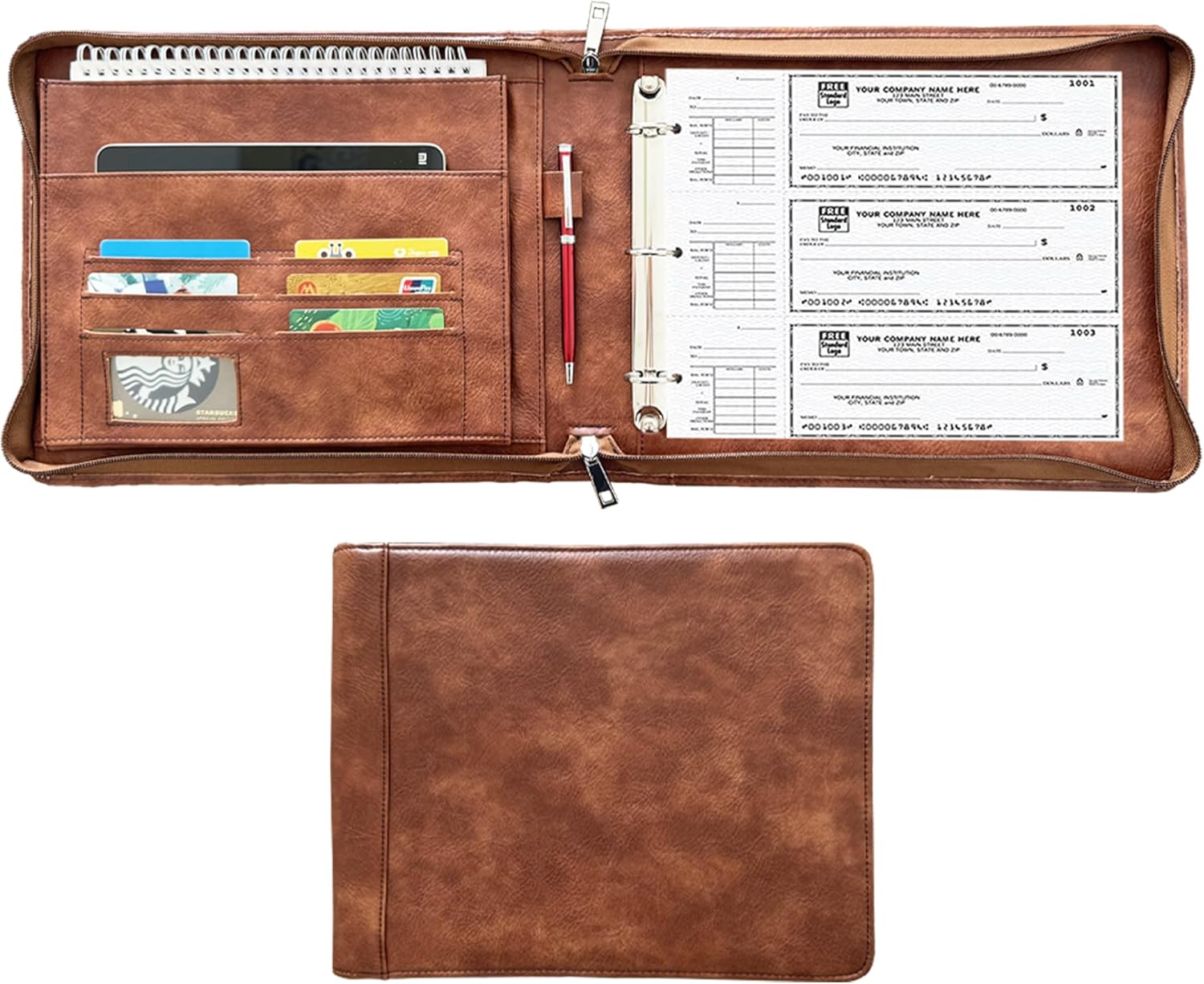 Vegan 3-Ring Binder for Checks - Premium Checkbook Cover Fits 3/9-Ring Systems, 11.25"x9" Pilot Logbook & Executive Journal (Retro Brown, Standard)