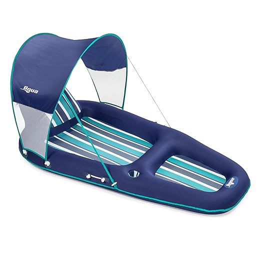 Aqua Oversized Ultimate Pool Lounger, Inflatable Pool Float with UPF 50 Sunshade Canopy, Heavy Duty, X-Large, Navy/Aqua/White Stripe
